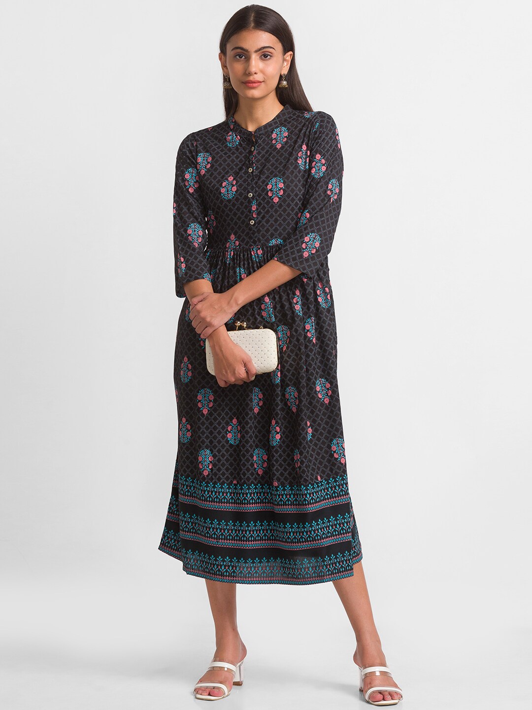 

Globus Ethnic Motifs Printed Mandarin Collar A-Line Midi Ethnic Dress, Black