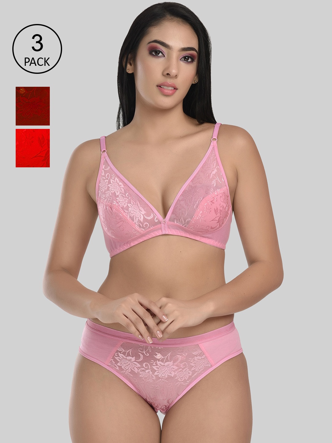 

StyFun Women Pack Of 3 Floral Printed Lingerie Set S_Safal_Set_Packof3_B, Red