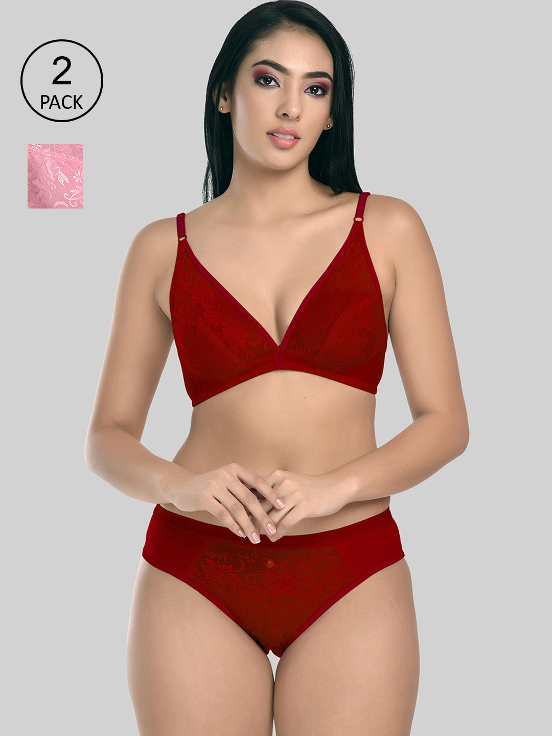 

StyFun Women Pack Of 2 Self-Design Lingerie Set S_Safal_Set_MaroonPink_B, Maroon