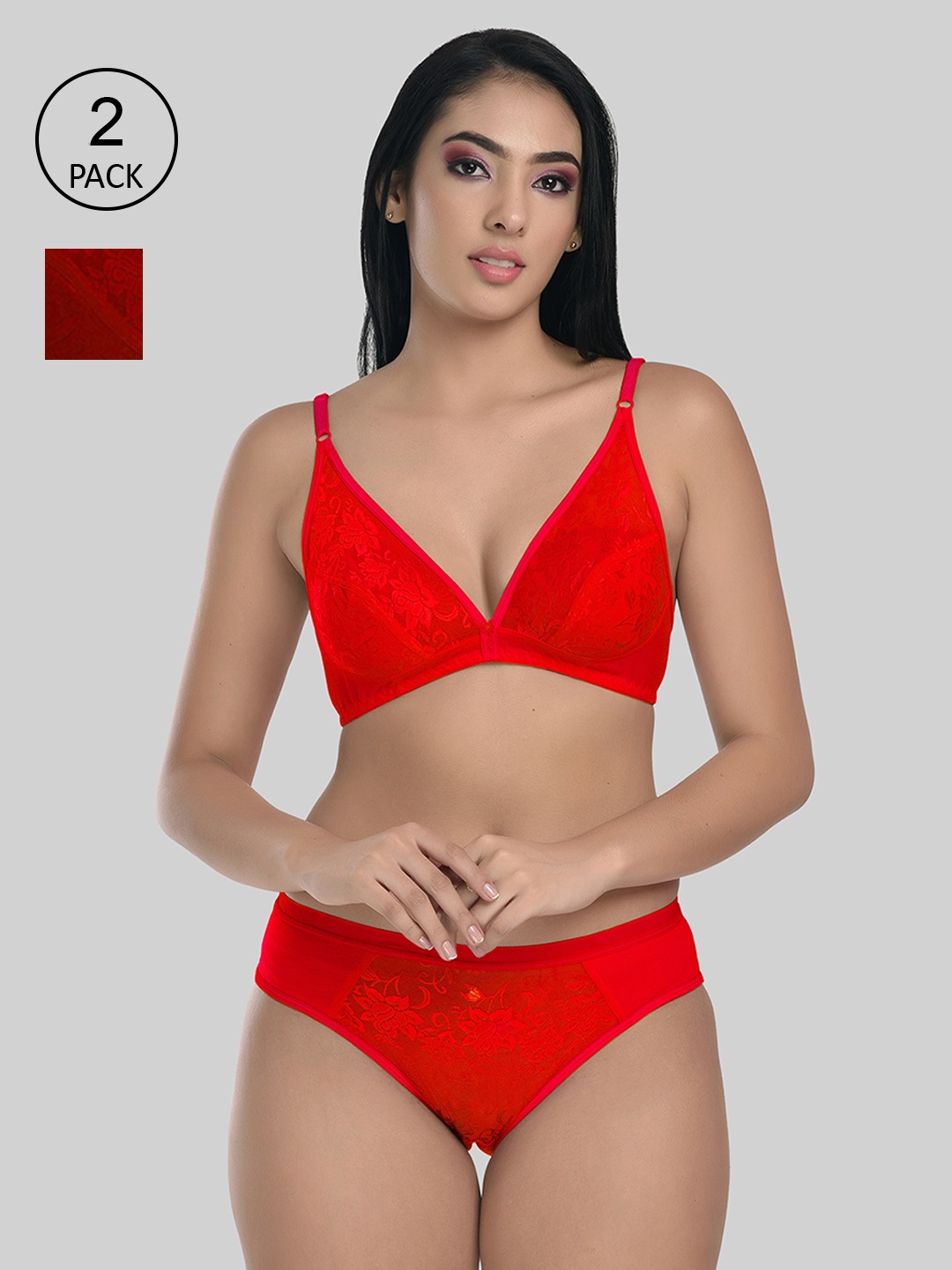 

StyFun Women Red & Maroon Pack Of 2 Self-Design Lingerie Sets
