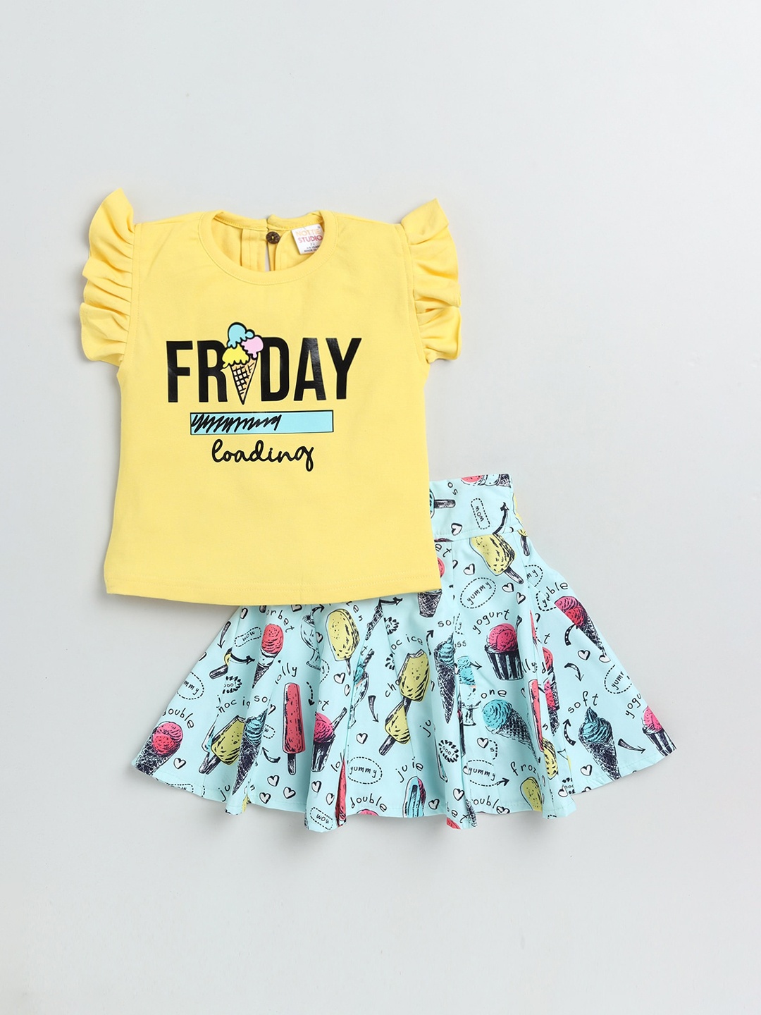 

Nottie Planet Girls Green & Yellow Printed Top with Skirt