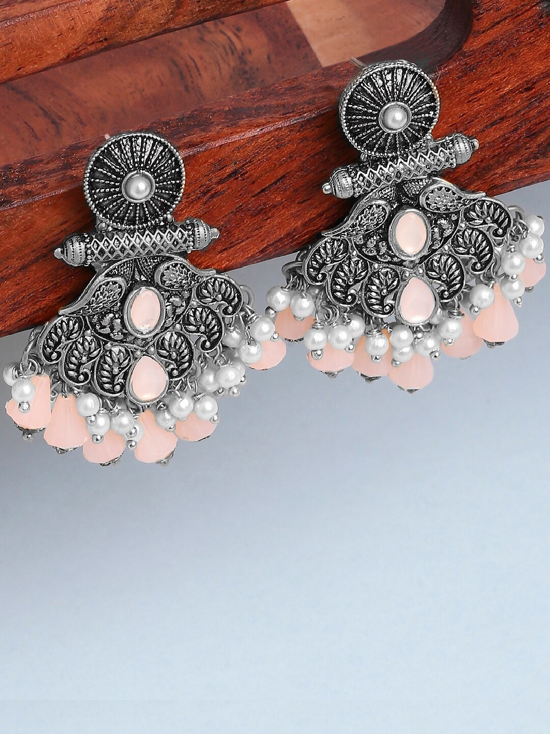 

OOMPH Peach-Coloured Peacock Shaped Drop Earrings