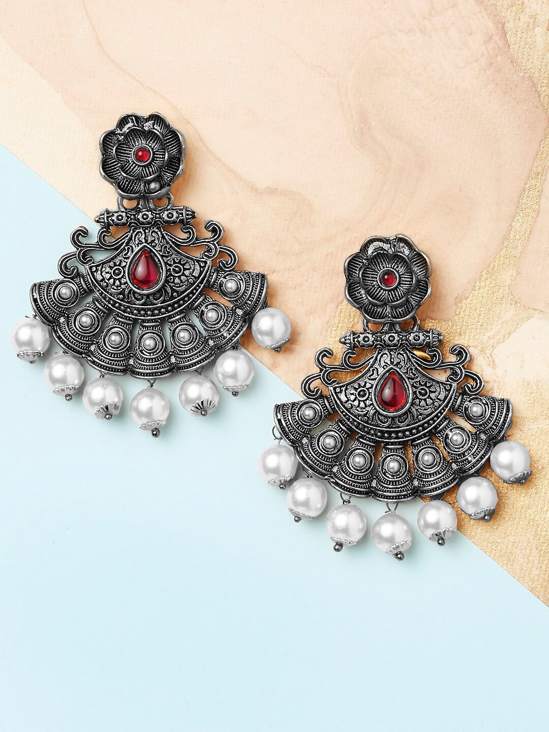 

OOMPH Oxidised Silver Marron Stone with Pearls Floral Ethnic Drop Earrings, Maroon