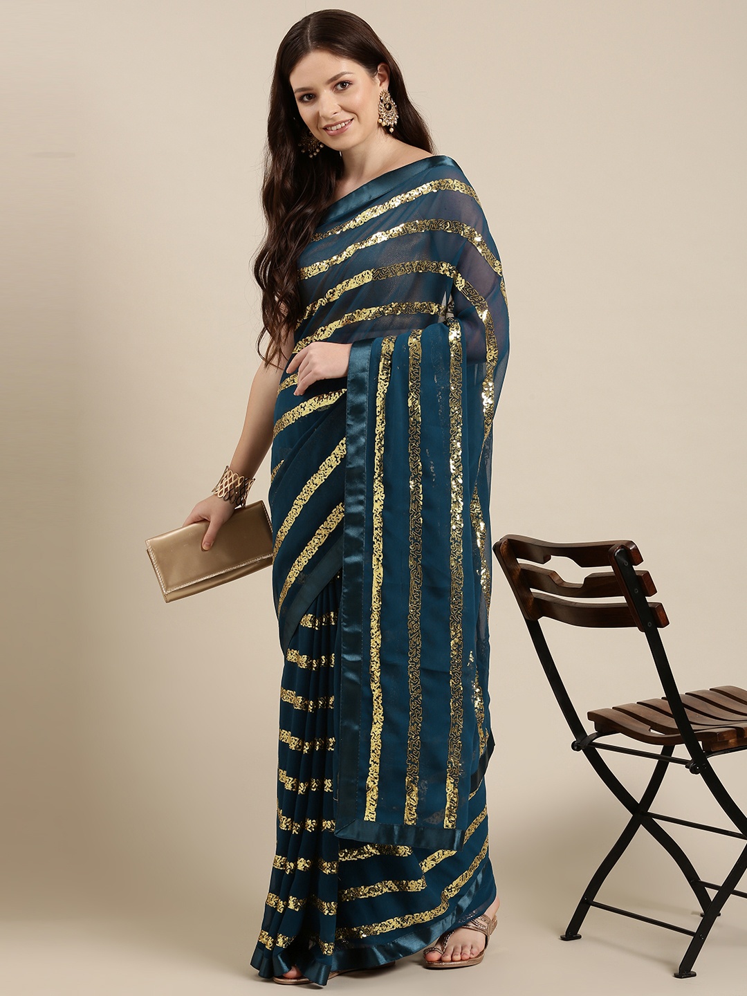 

Sugathari Navy Blue Embellished Sequinned Saree