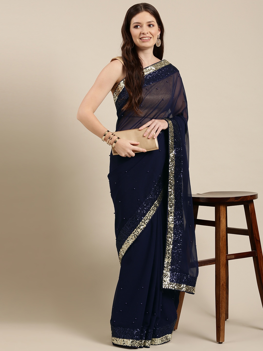 

Sugathari Navy Blue Embellished Sequinned Saree