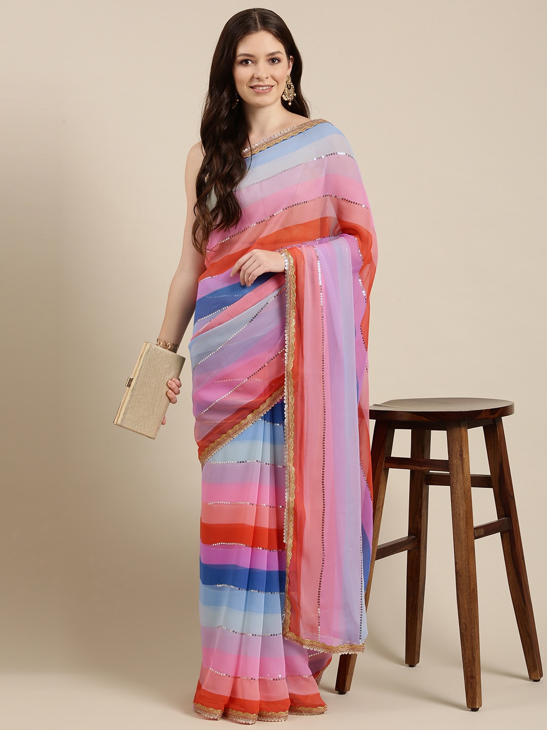 

Sugathari Assorted Striped Sequinned Leheriya Saree