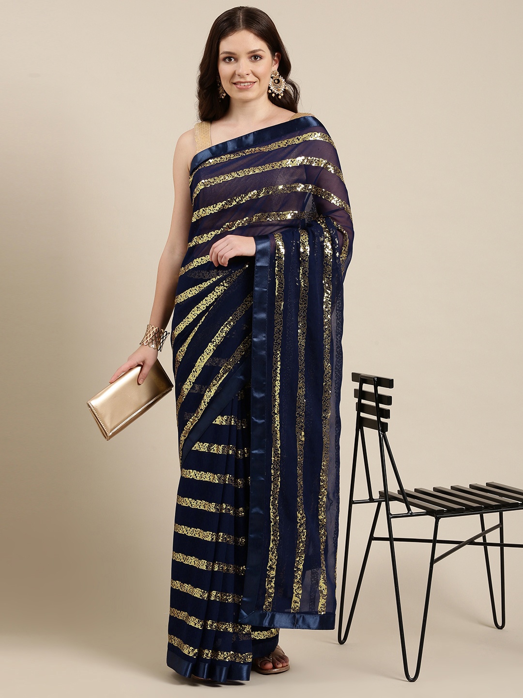 

Sugathari Navy Blue Embellished Sequinned Saree