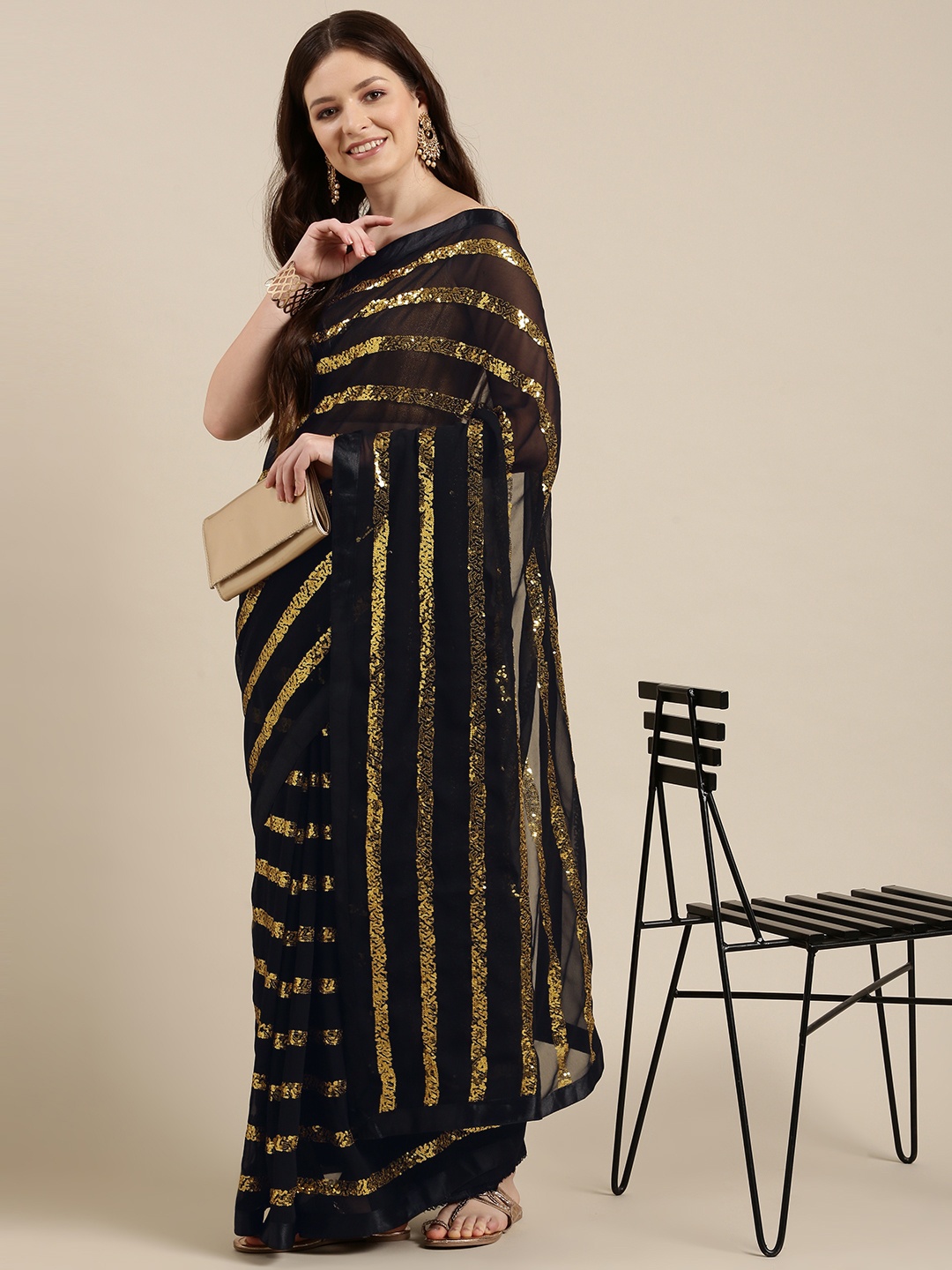 

Sugathari Black & Gold-Toned Embellished Sequinned Saree