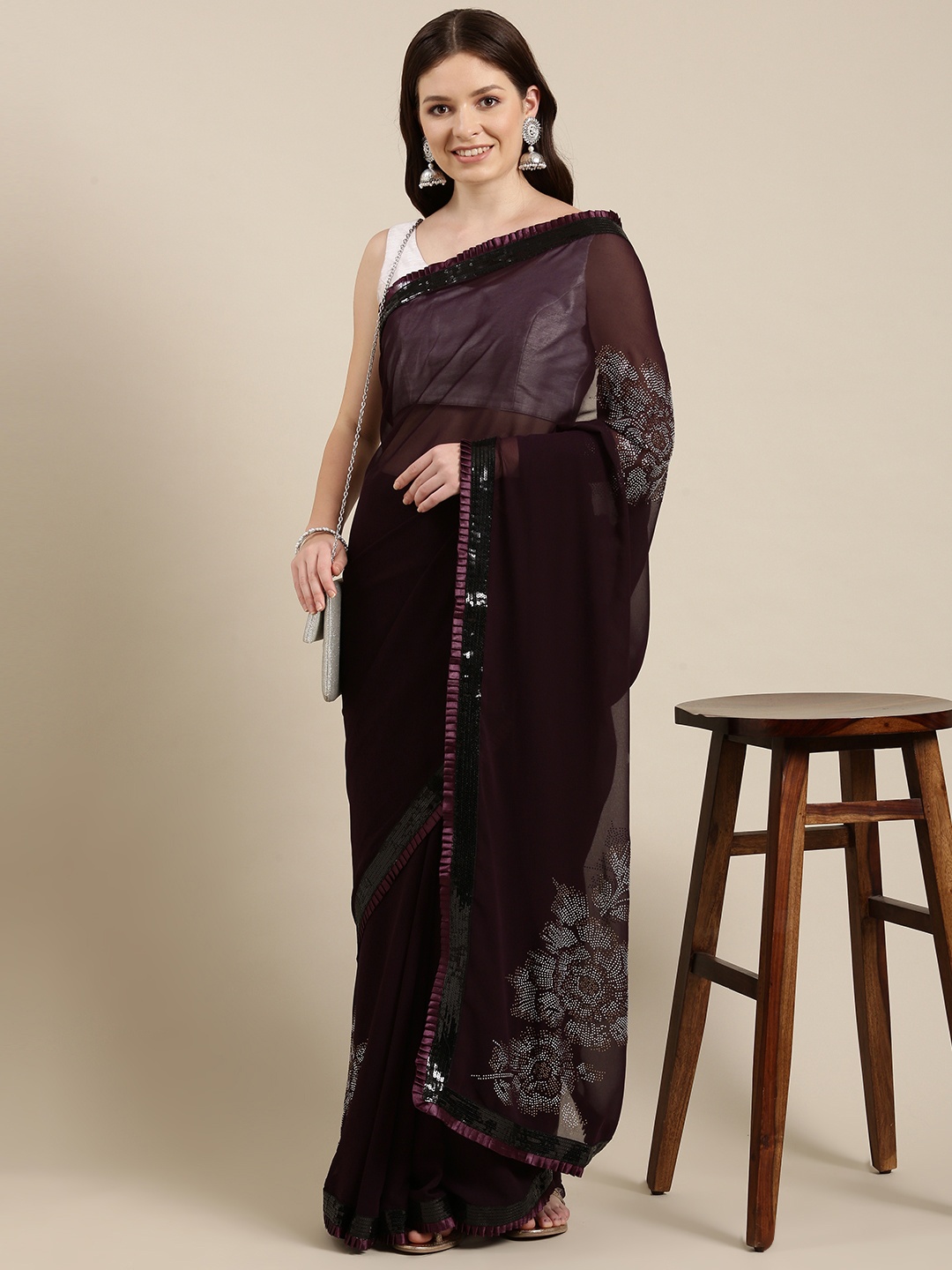

Sugathari Purple Floral Sequinned Saree