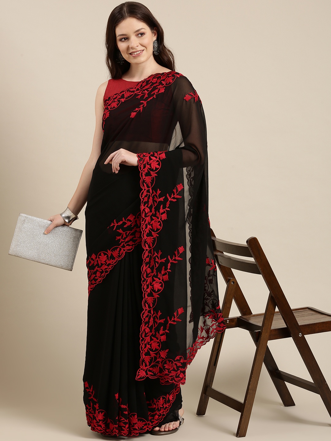

Sugathari Black & Red Floral Embroidered Saree