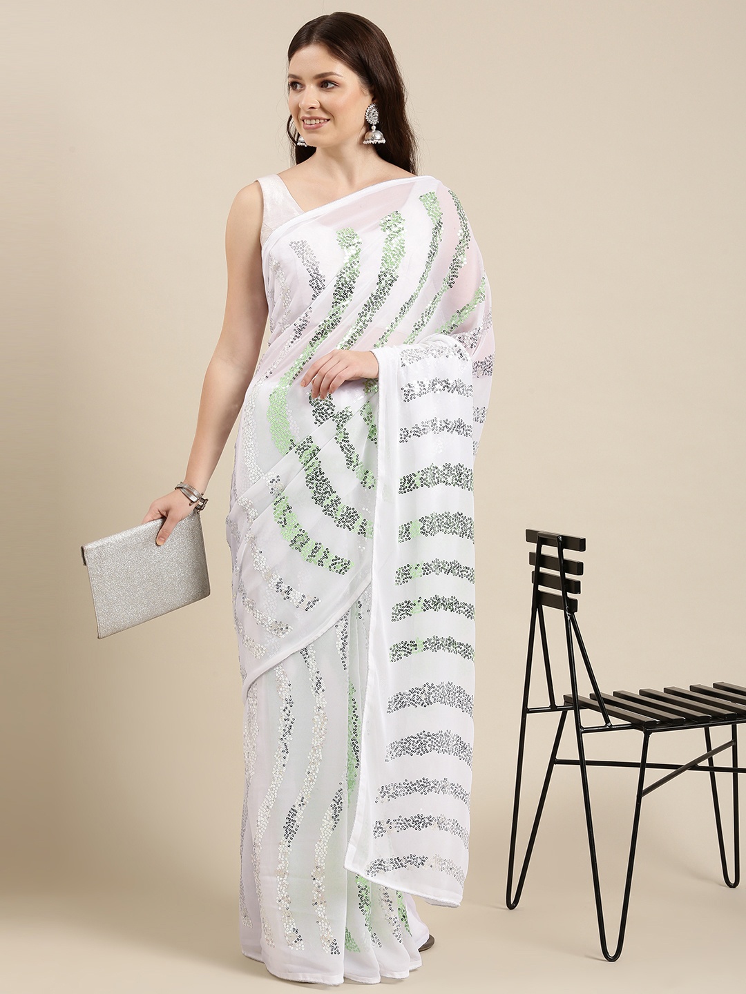 

Sugathari White Embellished Sequinned Saree