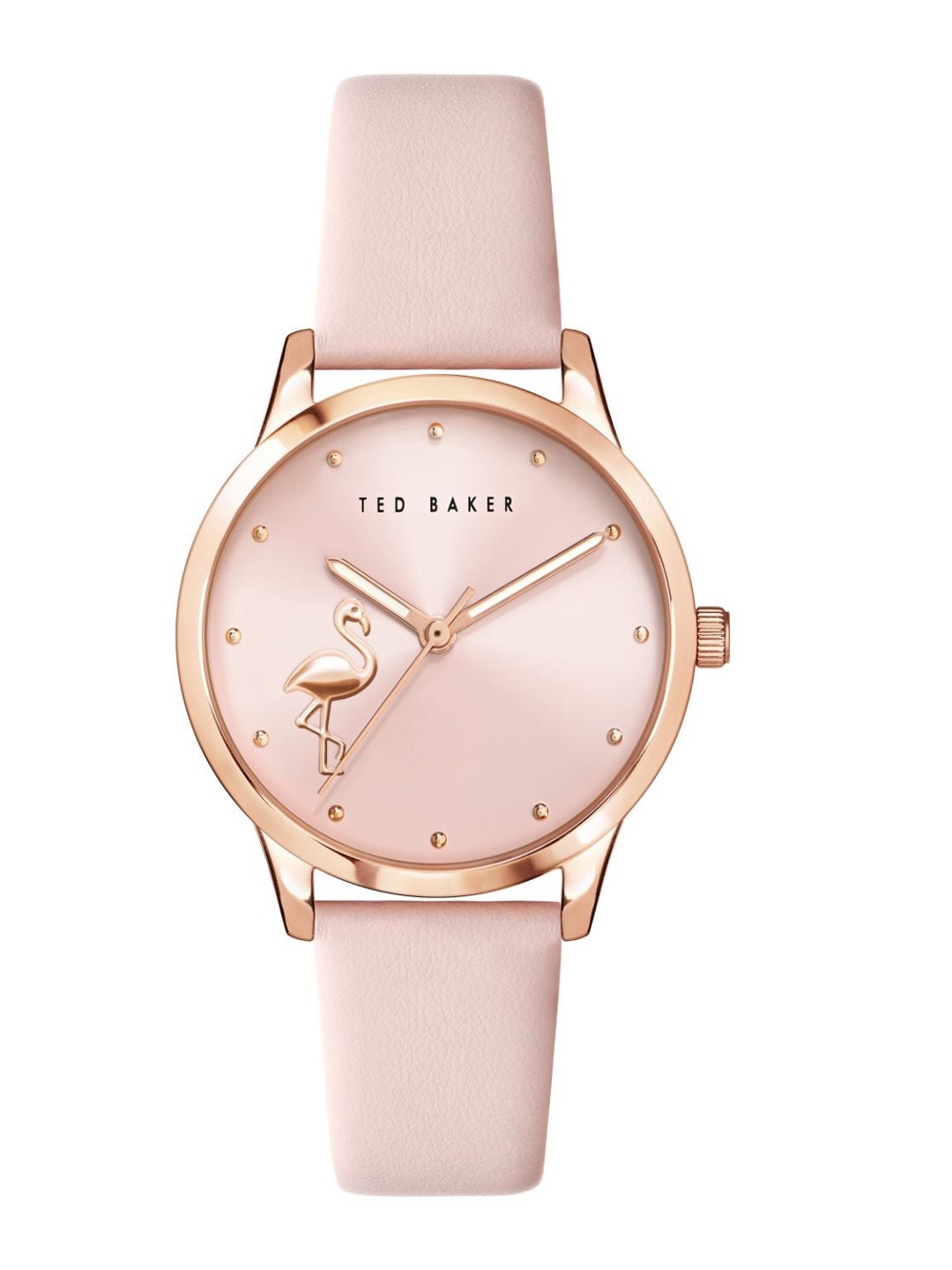 

Ted Baker Women Pink Embellished Dial & Rose Gold Toned Leather Straps Analogue Watch
