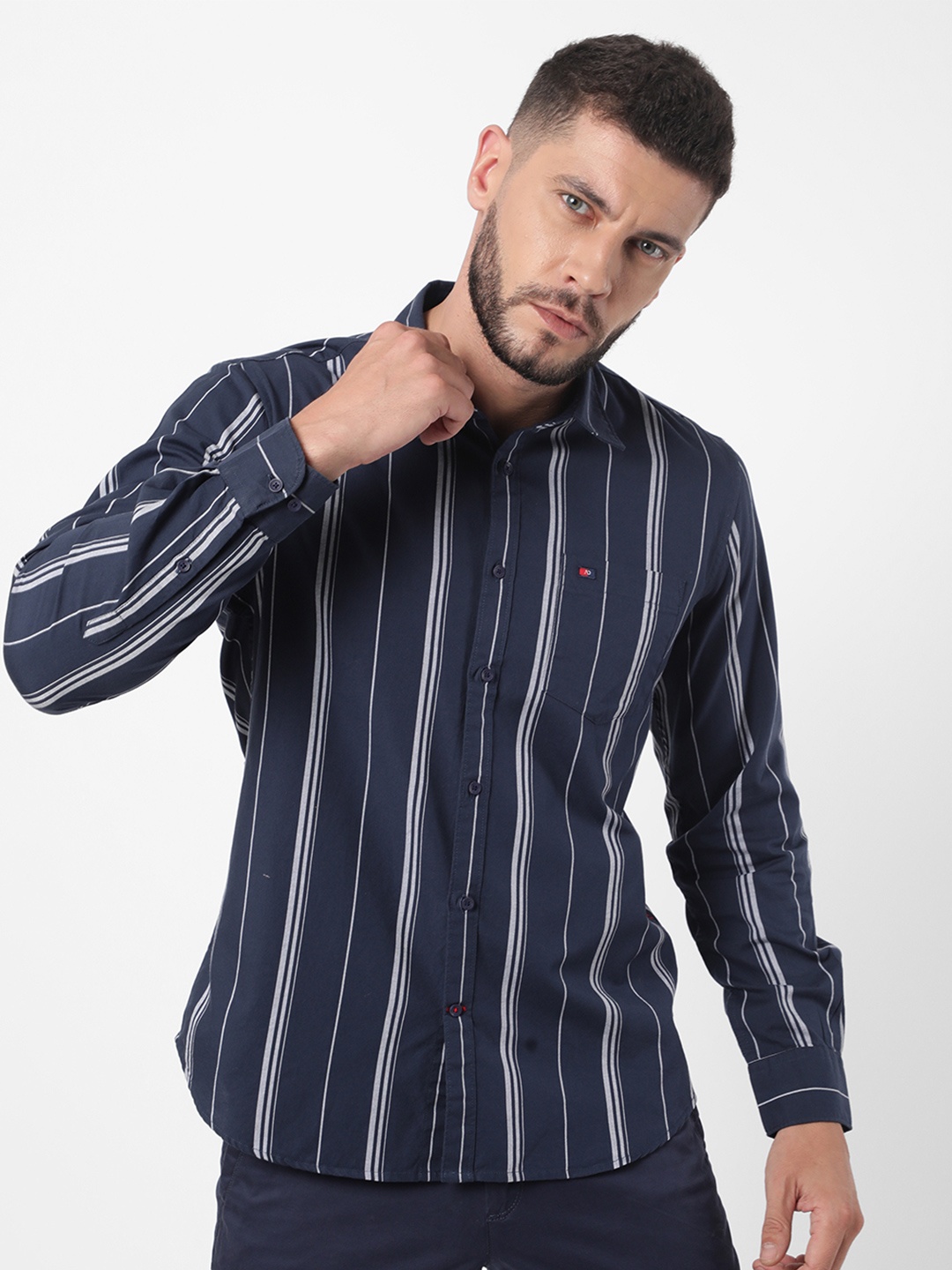 

AD By Arvind Men Navy Blue Slim Fit Striped Casual Shirt