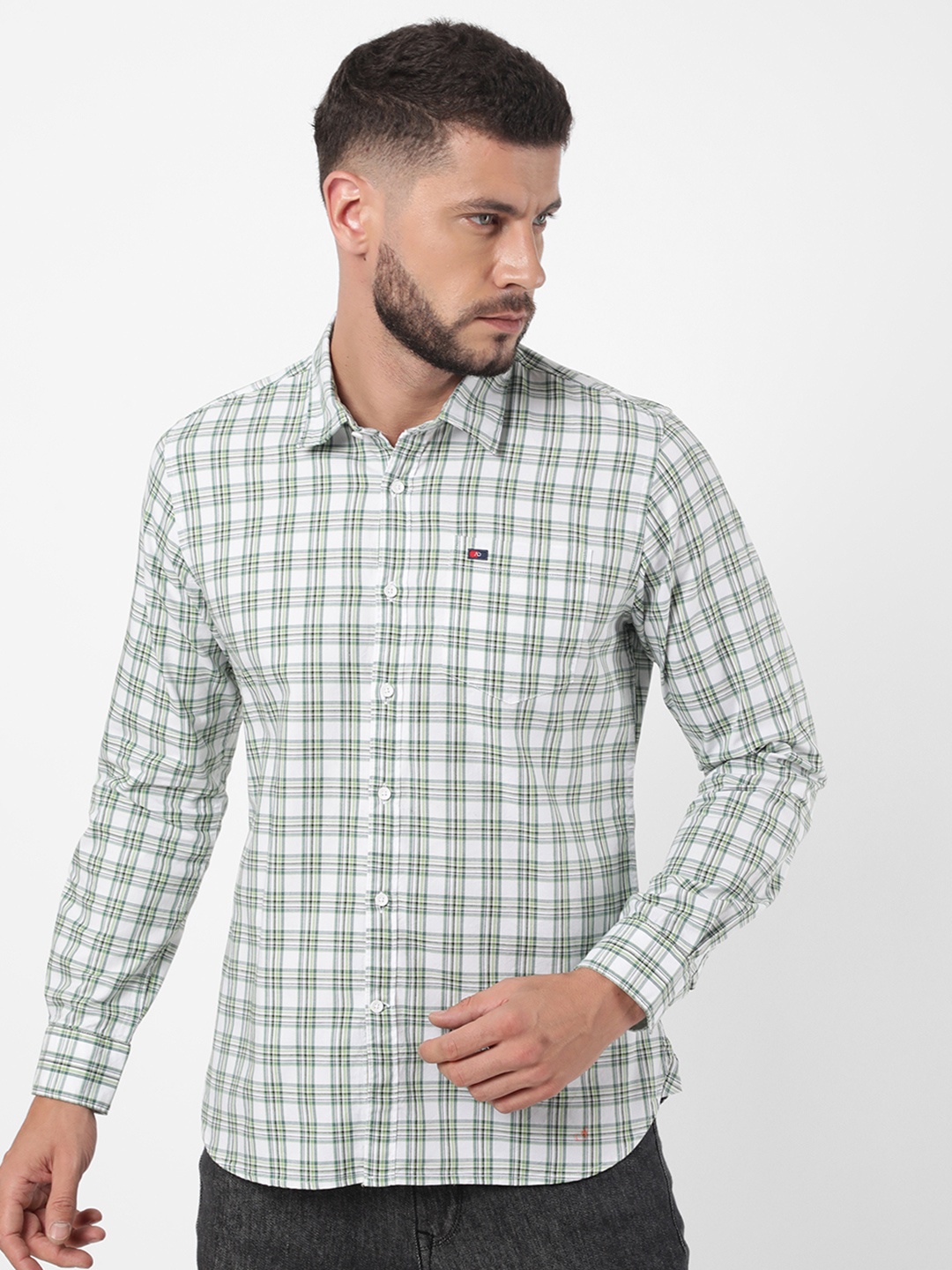 

AD By Arvind Men Green Slim Fit Grid Tattersall Checks Checked Casual Shirt