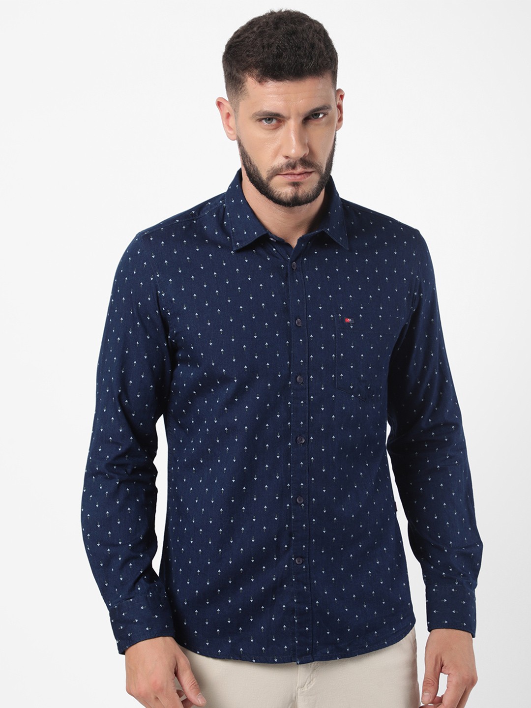 

AD By Arvind Men Blue Cotton Slim Fit Printed Casual long sleeves collar Shirt