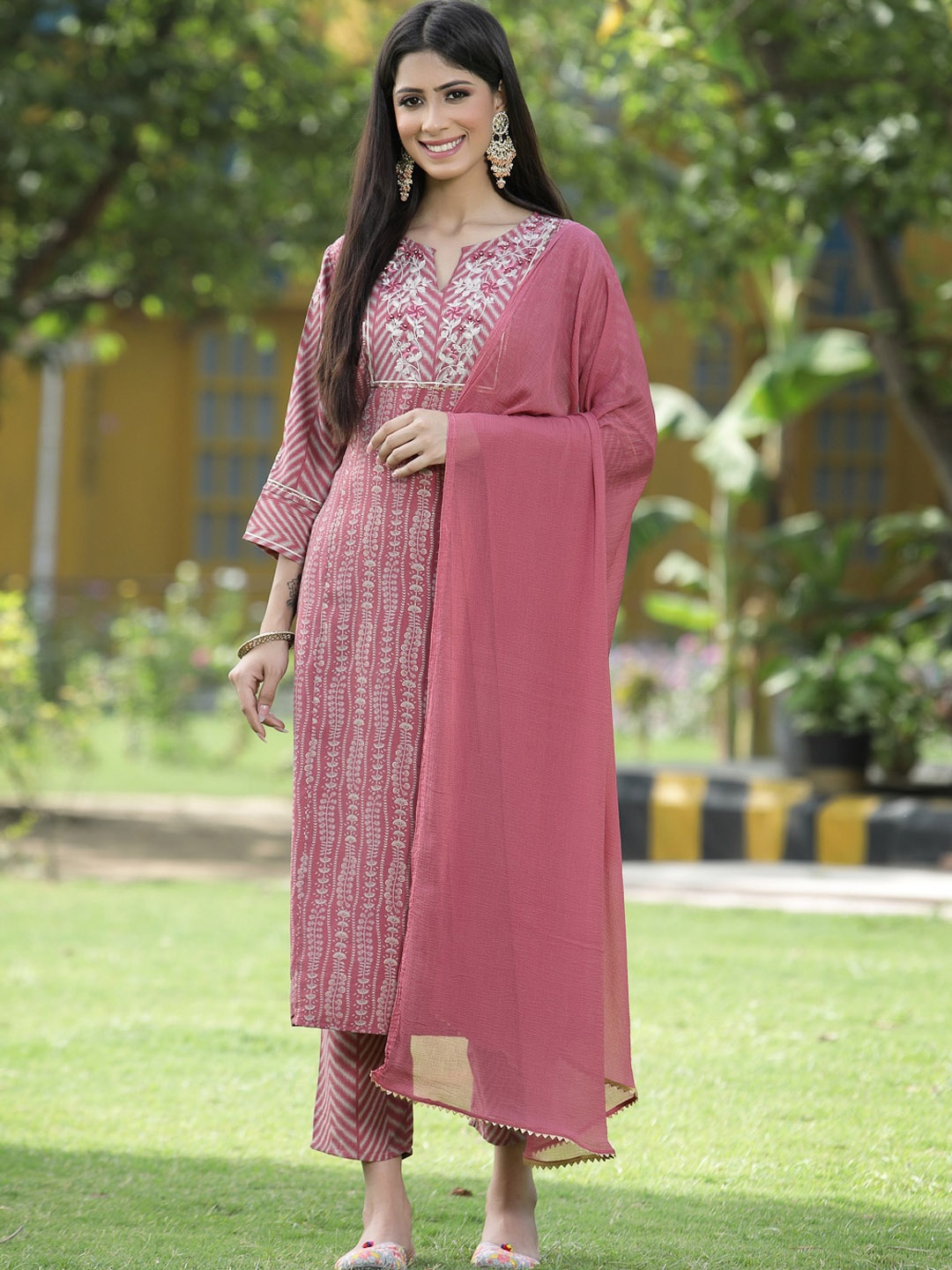 

Juniper Women Pink Ethnic Motifs Printed Kurta with Trousers & With Dupatta