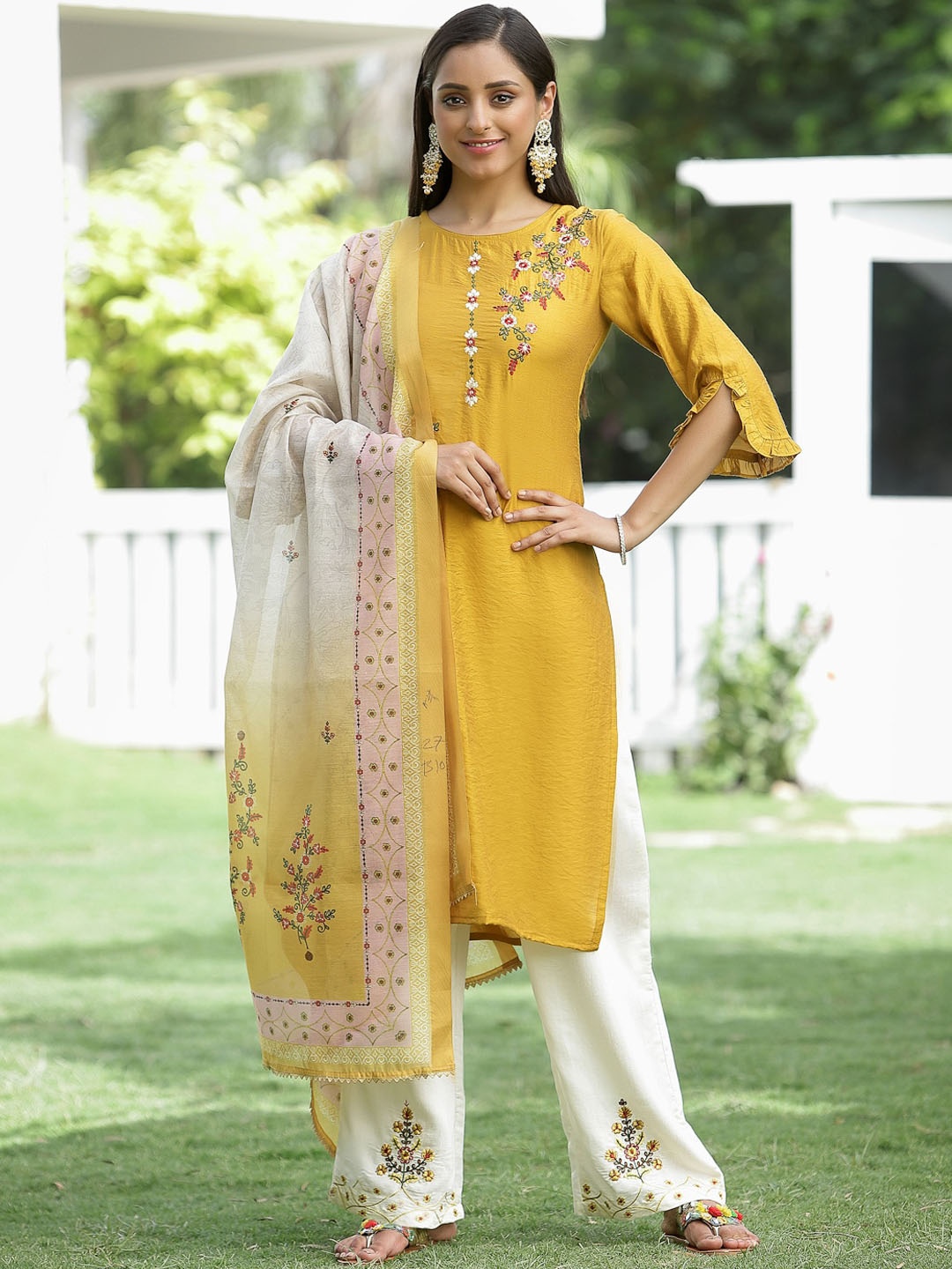 

Juniper Women Mustard Yellow Floral Embroidered Pleated Kurti with Trousers & With Dupatta
