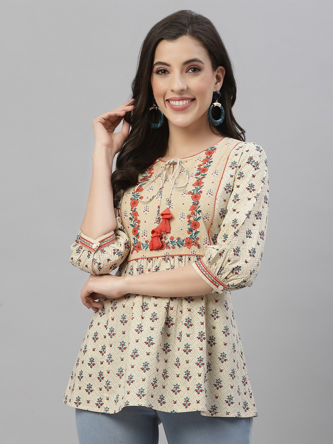 

Juniper Beige & Blue Printed A-Line Cotton Tunic