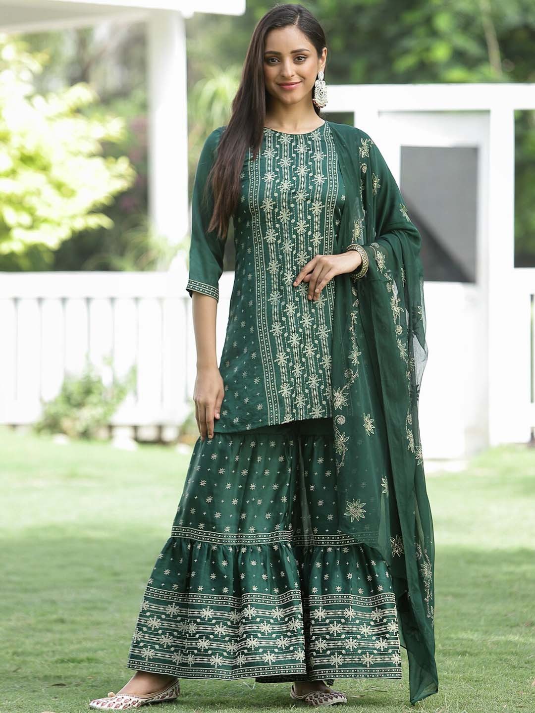 

Juniper Women Green Ethnic Motifs Printed Kurti with Sharara & With Dupatta