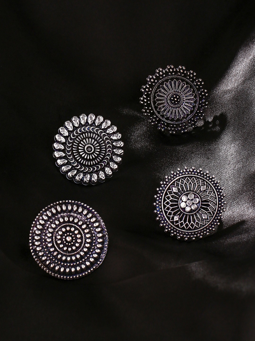 

Yellow Chimes Set Of 4 Silver-Toned Oxidized Adjustable Finger Ring