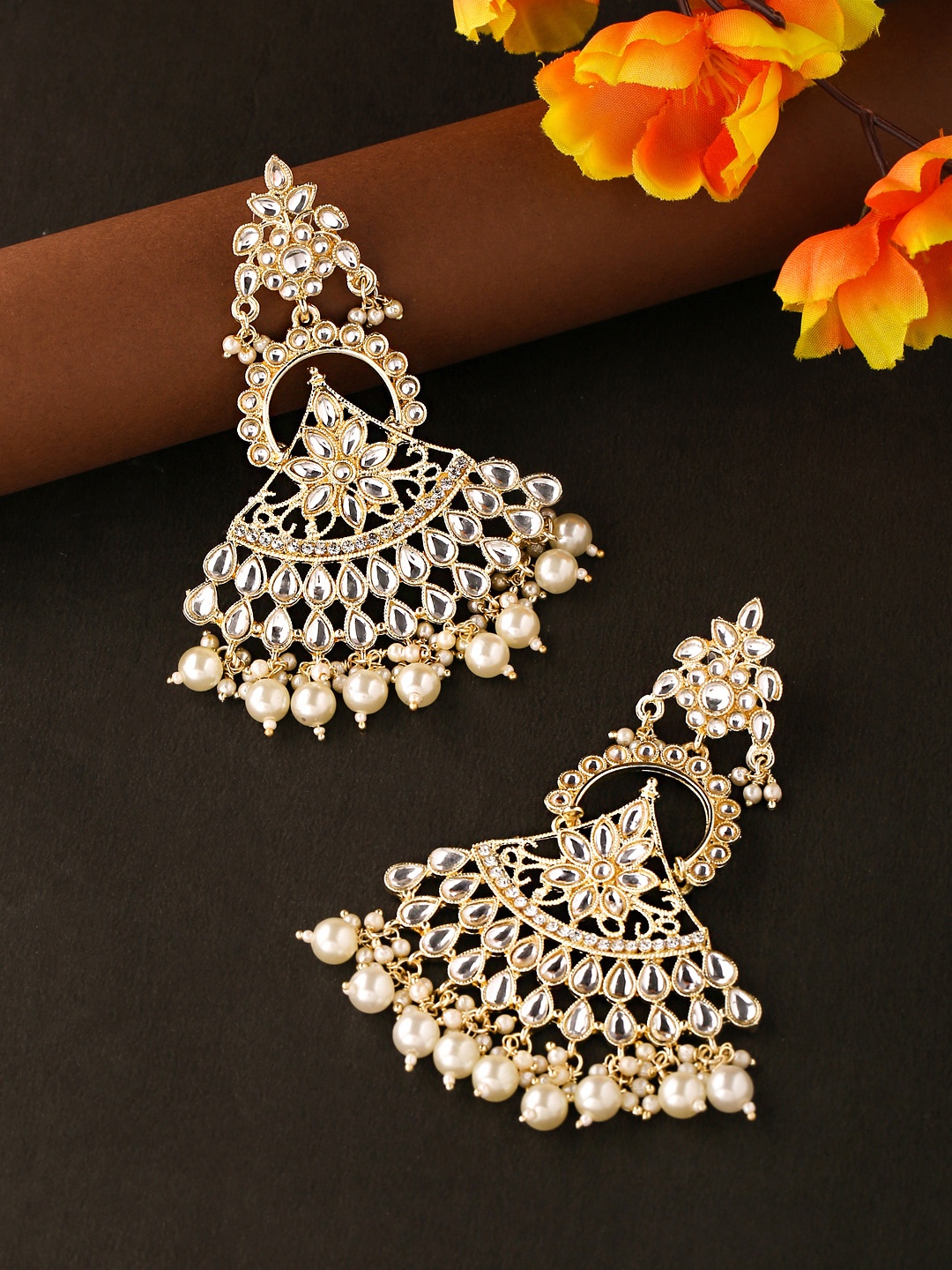 

Yellow Chimes Gold-Toned Pearl Kundan Studded Contemporary Drop Earrings