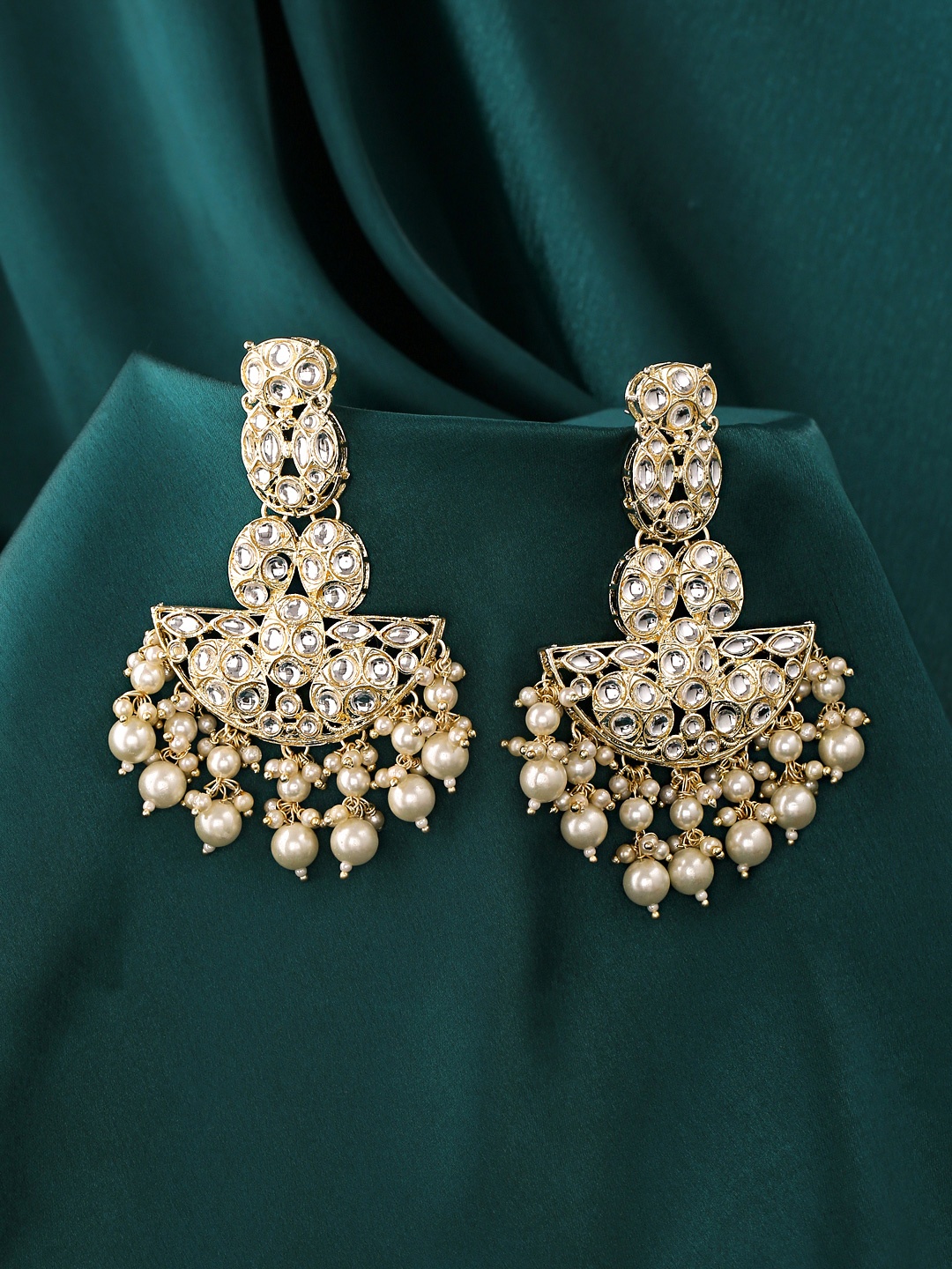 

Yellow Chimes Woman Gold-Toned Kundan White Pearl Drop Earrings