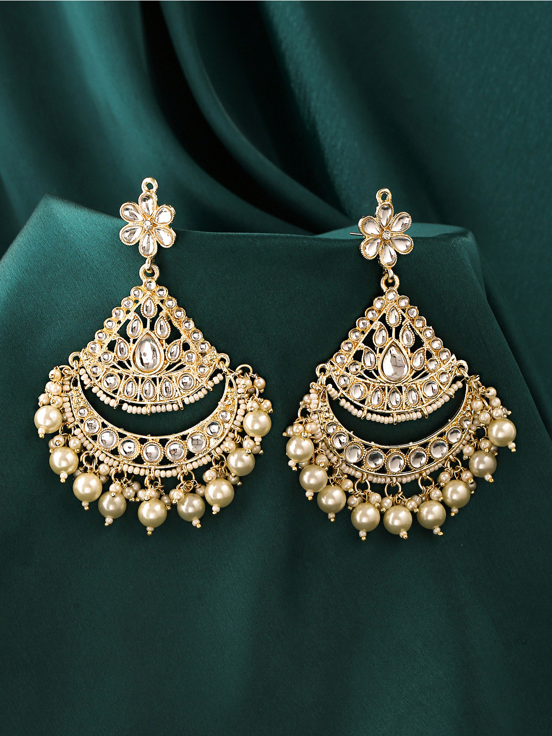 

Yellow Chimes Women Gold Toned Kundan Studded Pearl Drop Chandbalis Earring