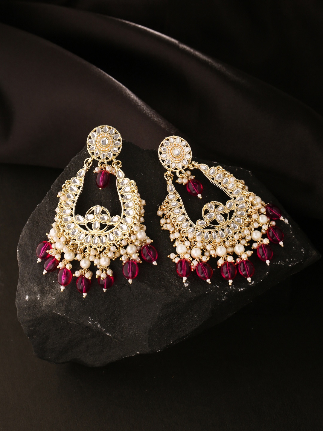 

Yellow Chimes Gold Toned Kundan Studded Pearl Drop Chandbali Designed Earrings, Pink