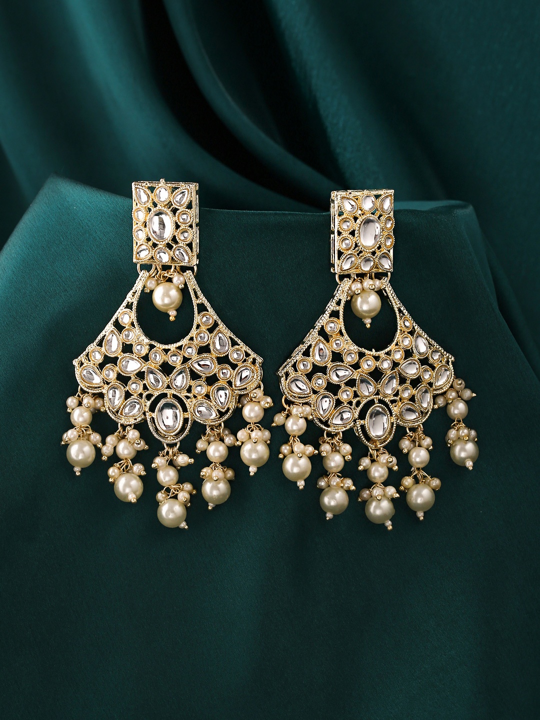 

Yellow Chimes Gold-Toned & White Kundan Pearl Drop Earrings