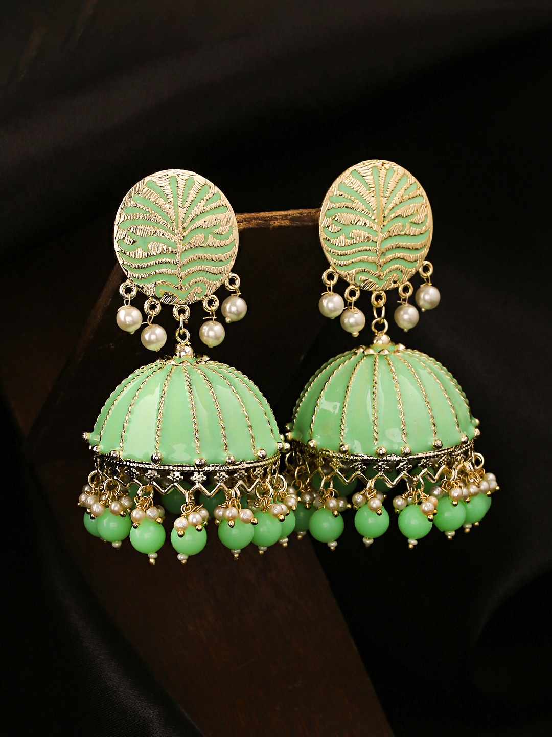 

Yellow Chimes Women Green Meenakari Jhumkas Earrings