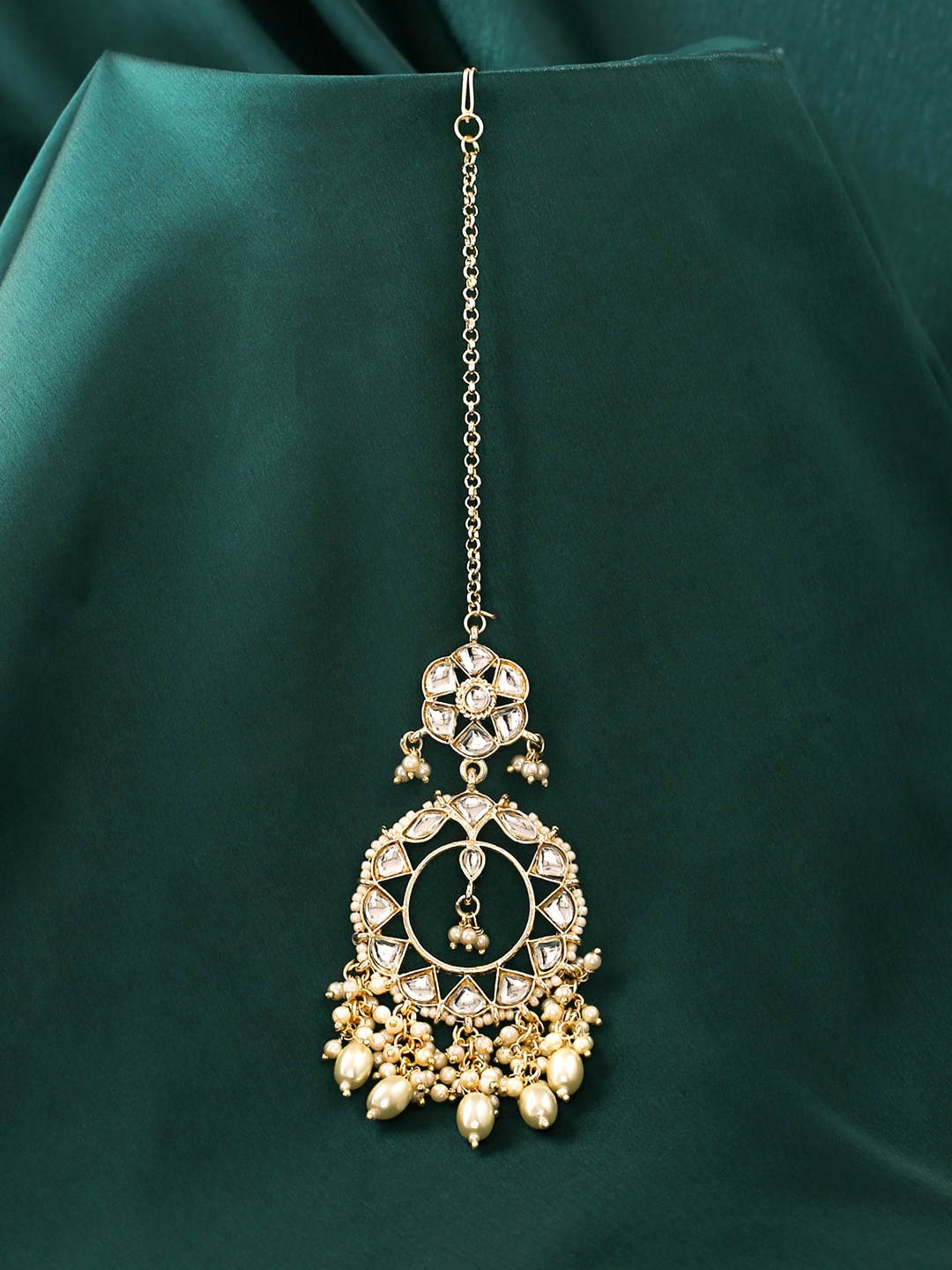 

Yellow Chimes Gold-Plated White Kundan Studded Beads Drop Maangtikka
