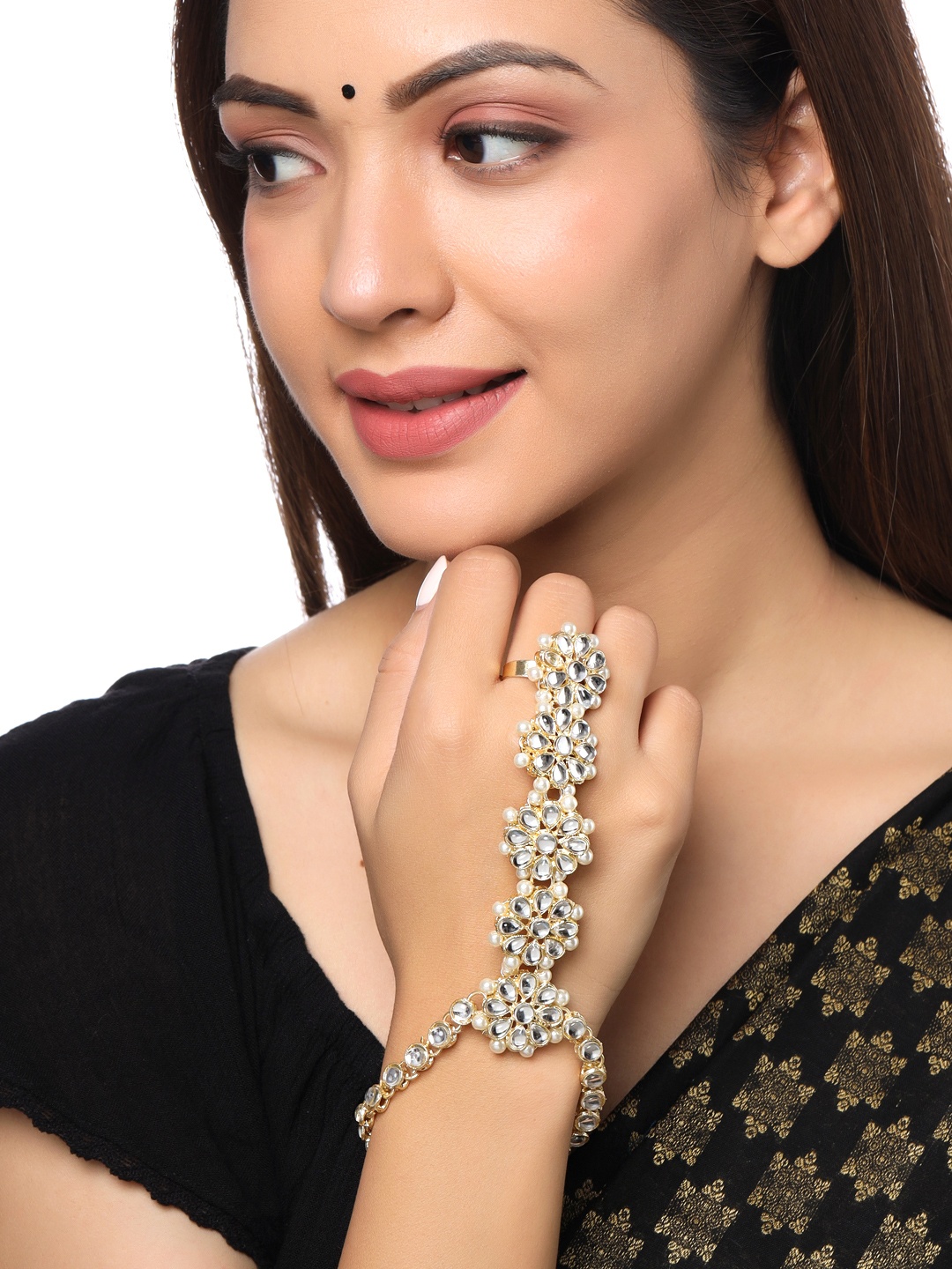 

Yellow Chimes Women Gold-Plated & White Kundan-Studded Bracelet With Ring