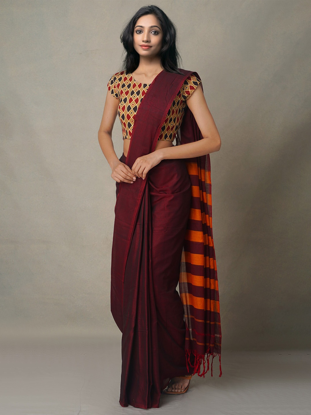 

Unnati Silks Maroon & Orange Pure Cotton Narayan Peth Saree