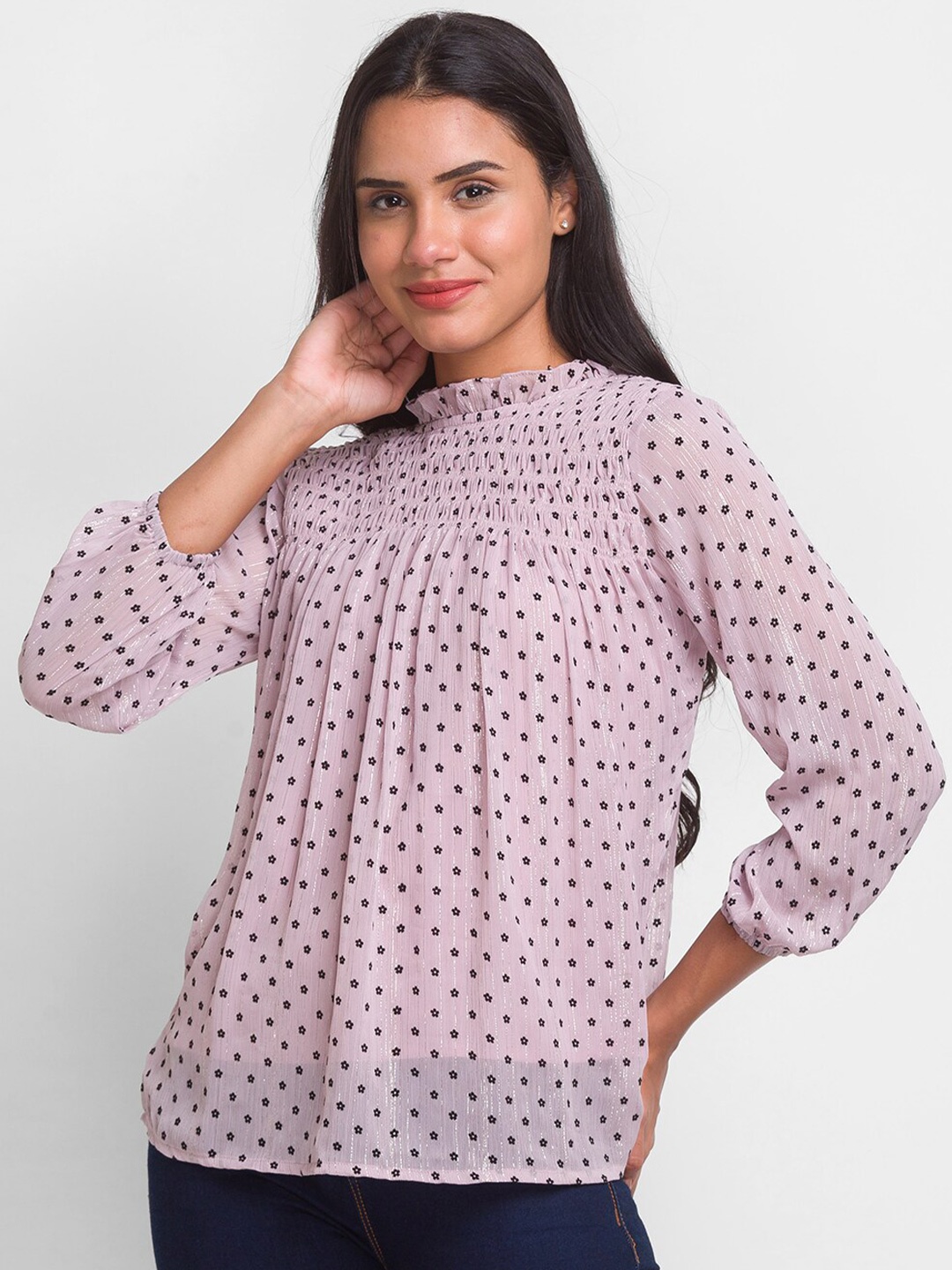 

Globus Lavender & halogen blue Geometric Print Georgette Boxy Top