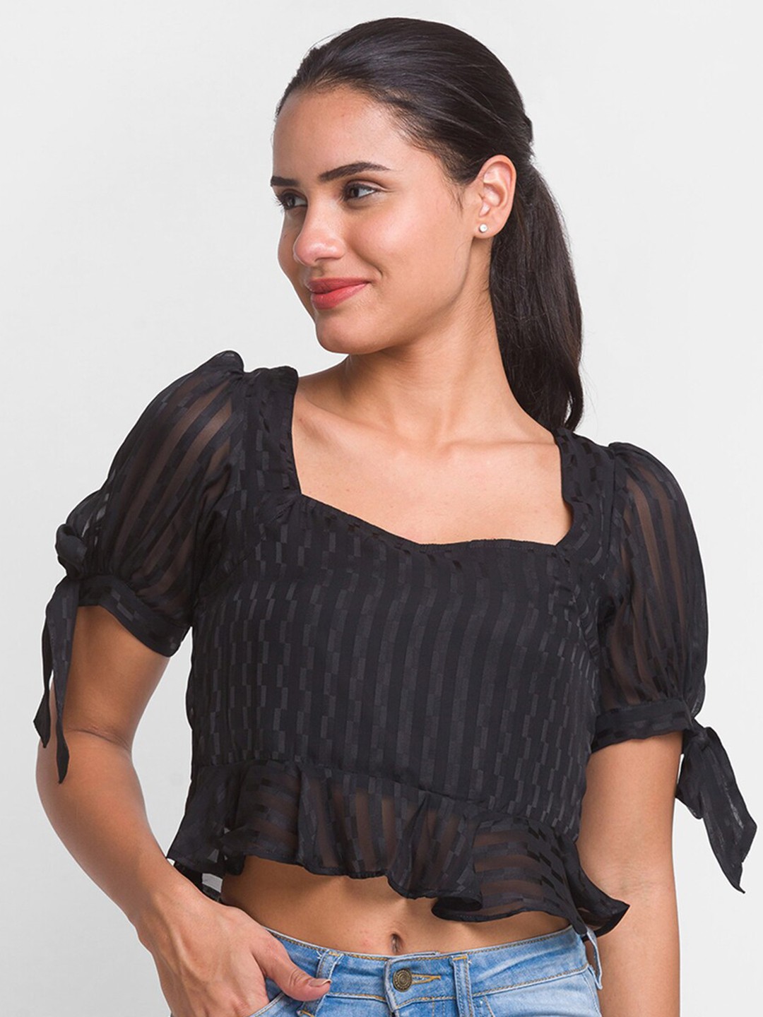 

Globus Black Sweetheart Neck Georgette Top
