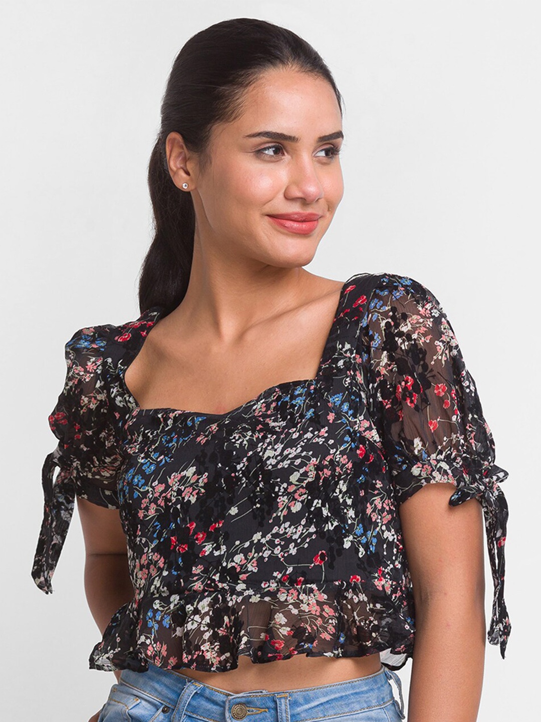 

Globus Black Floral Print Georgette Top