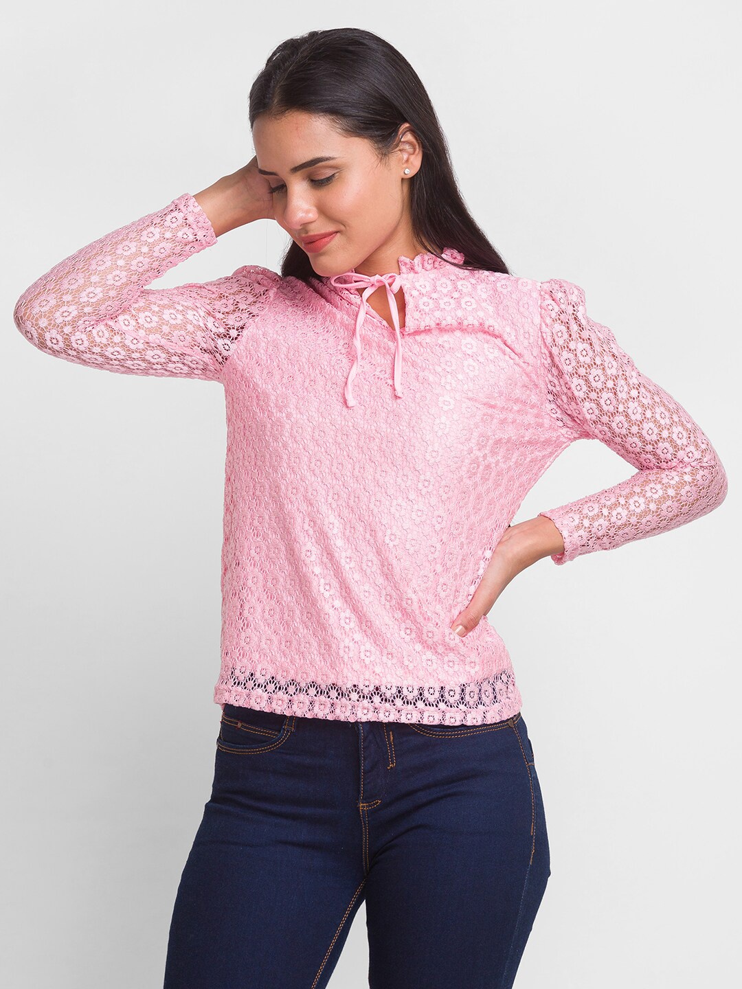 

Globus Pink Tie-Up Neck Ruffles Lace Top