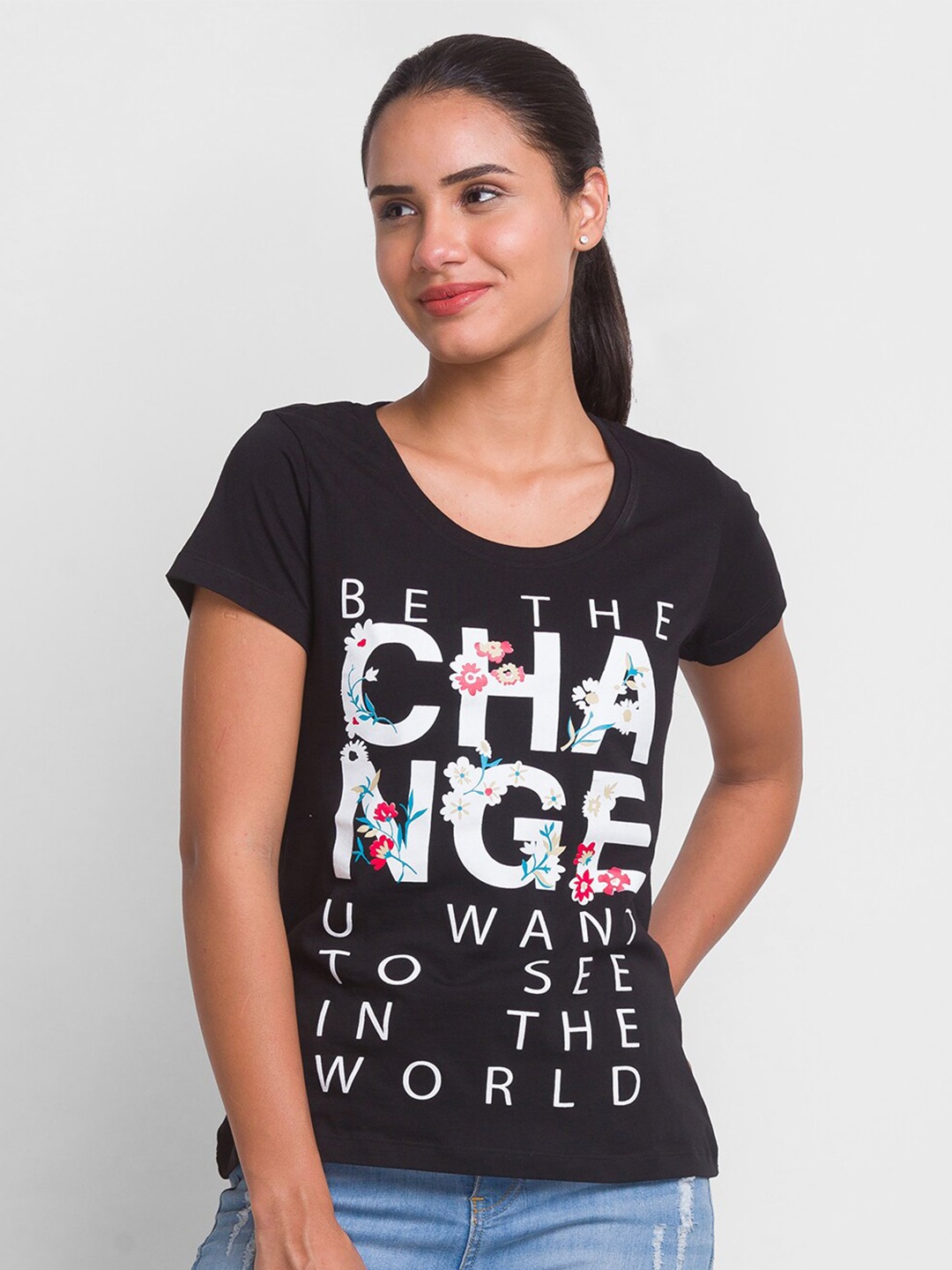 

Globus Women Black Typography Printed Pure Cotton T-shirt