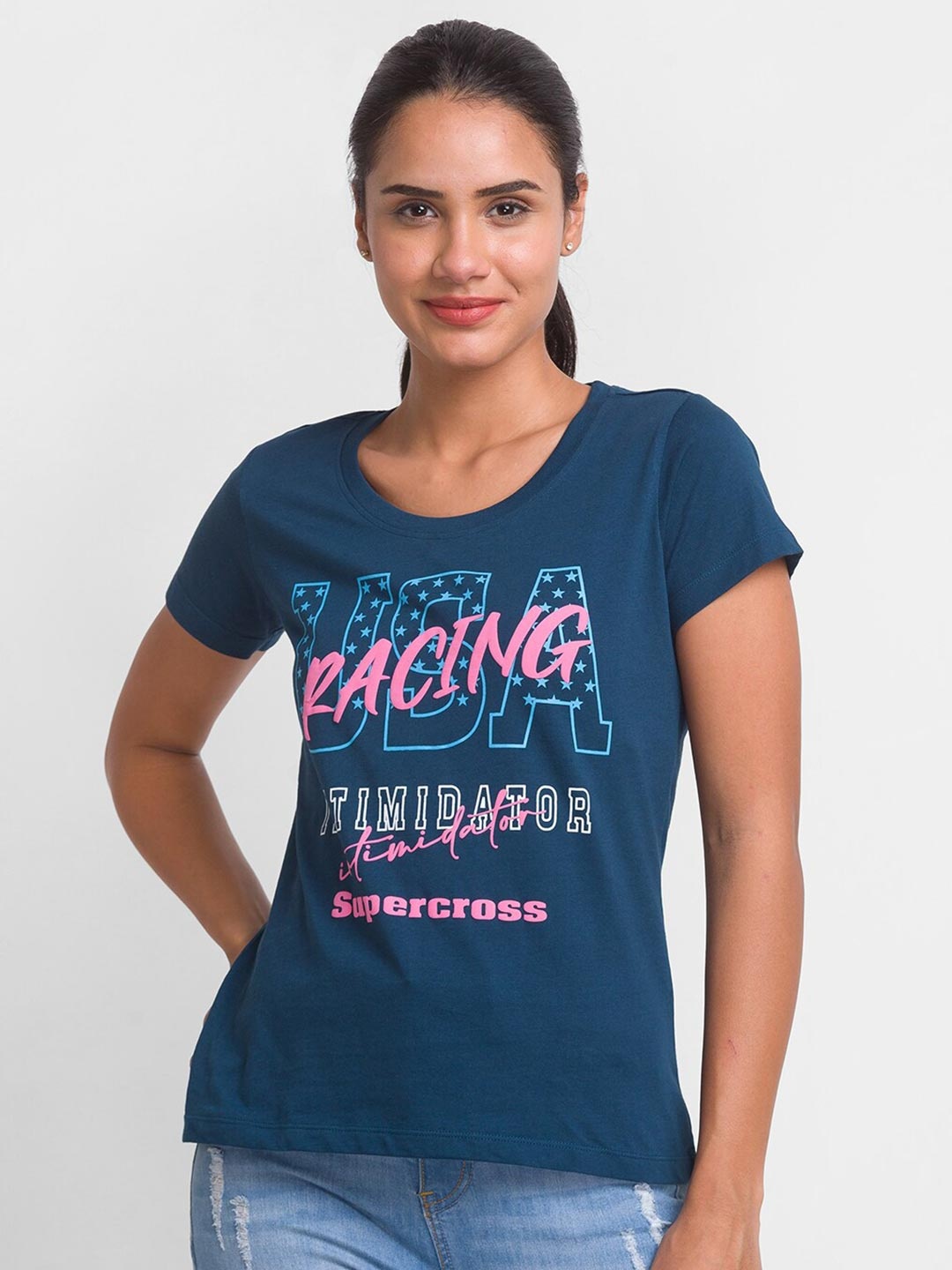 

Globus Women Navy Blue Typography Printed Pure Cotton Applique T-shirt