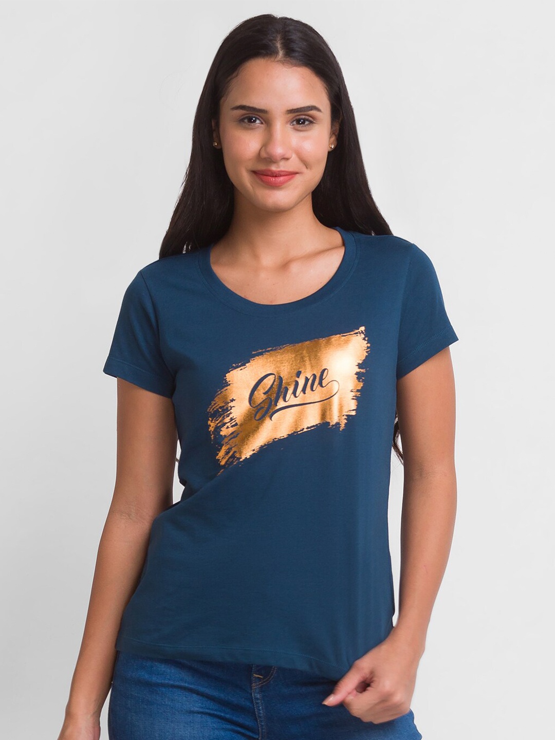

Globus Women Teal Typography Printed Pure Cotton Applique T-shirt
