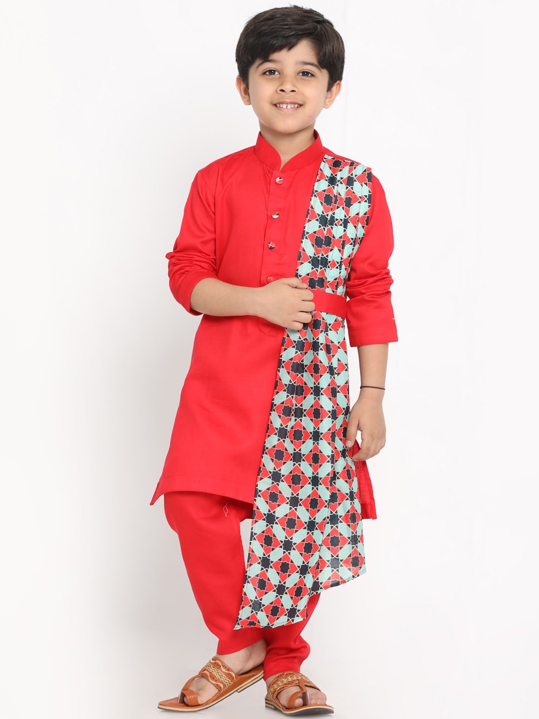 

VASTRAMAY Boys Red Angrakha Kurta with Salwar