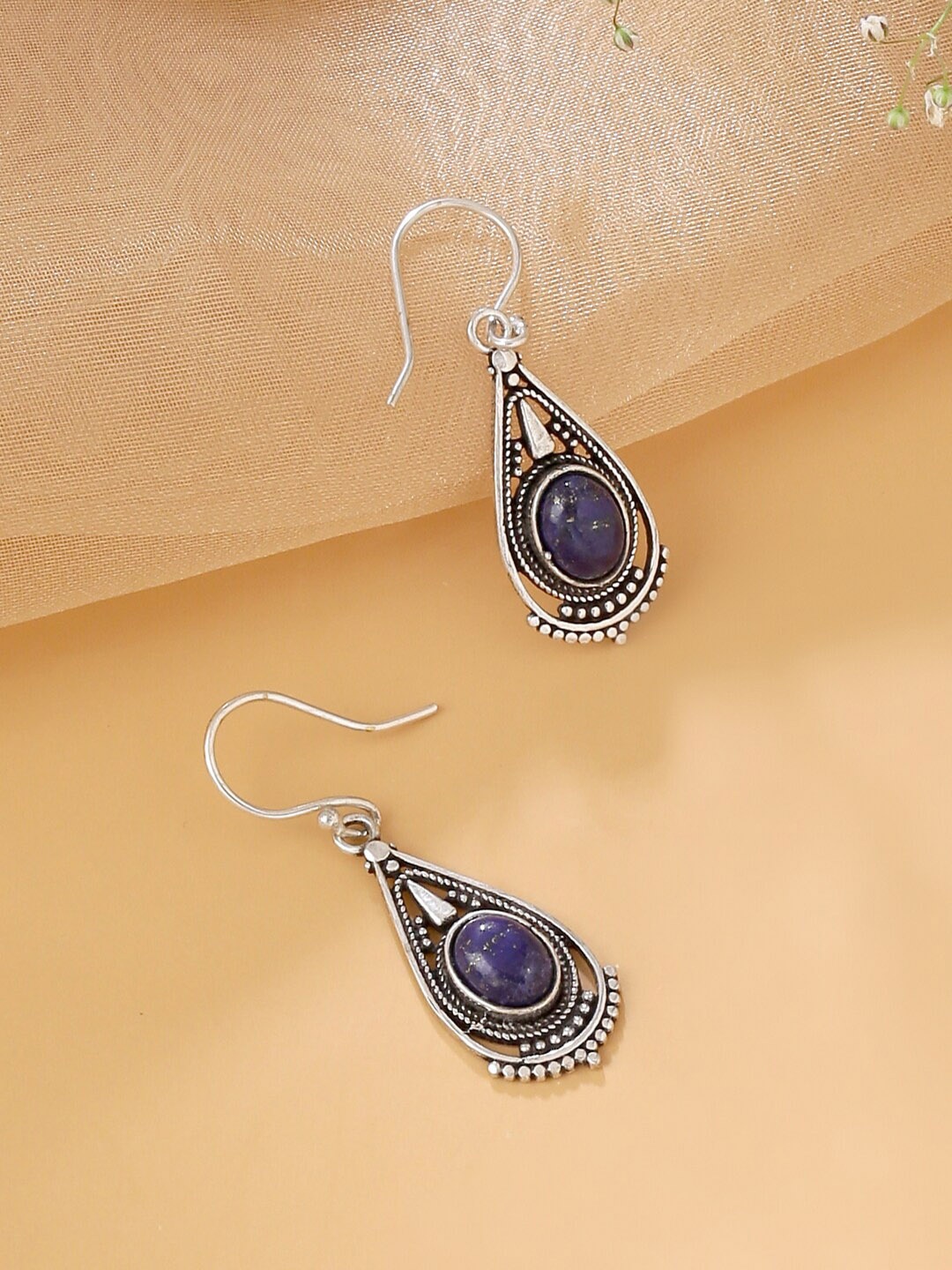 

kashwini Blue Silver-Plated Brass Teardrop Shaped Drop Earrings