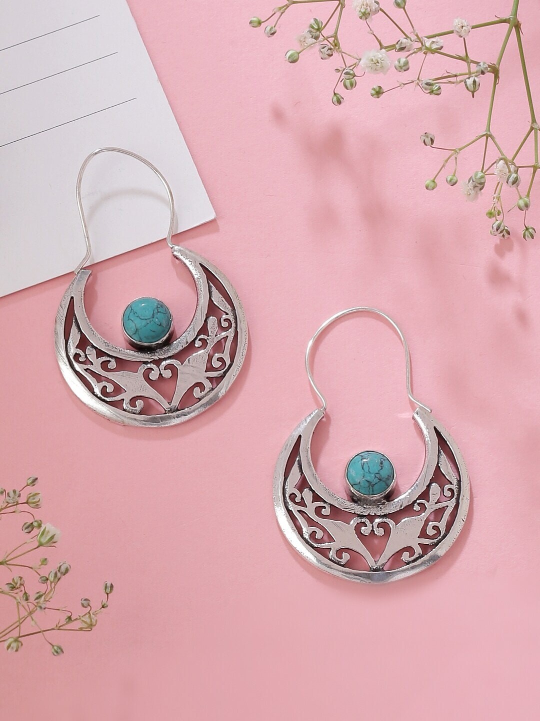 

kashwini Silver-Toned & Turquoise Blue Contemporary Drop Earrings