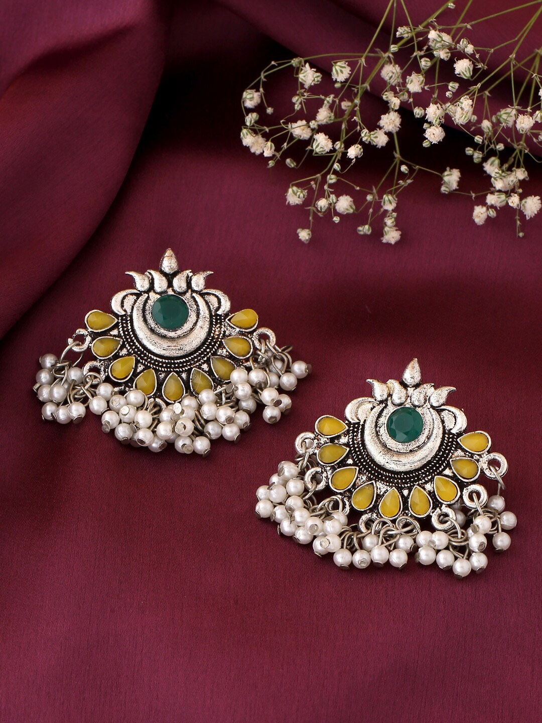 

kashwini Yellow & White Silver-Plated Contemporary Drop Earrings