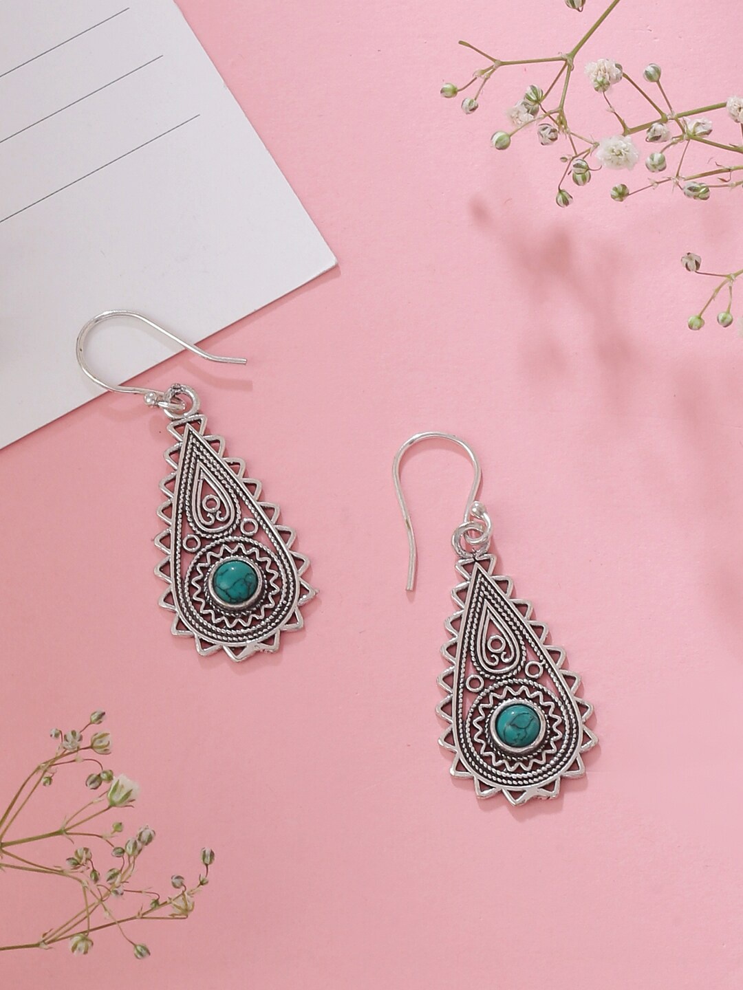 

kashwini Silver-Toned & Turquoise Blue Paisley Shaped Silver-Plated Drop Earrings
