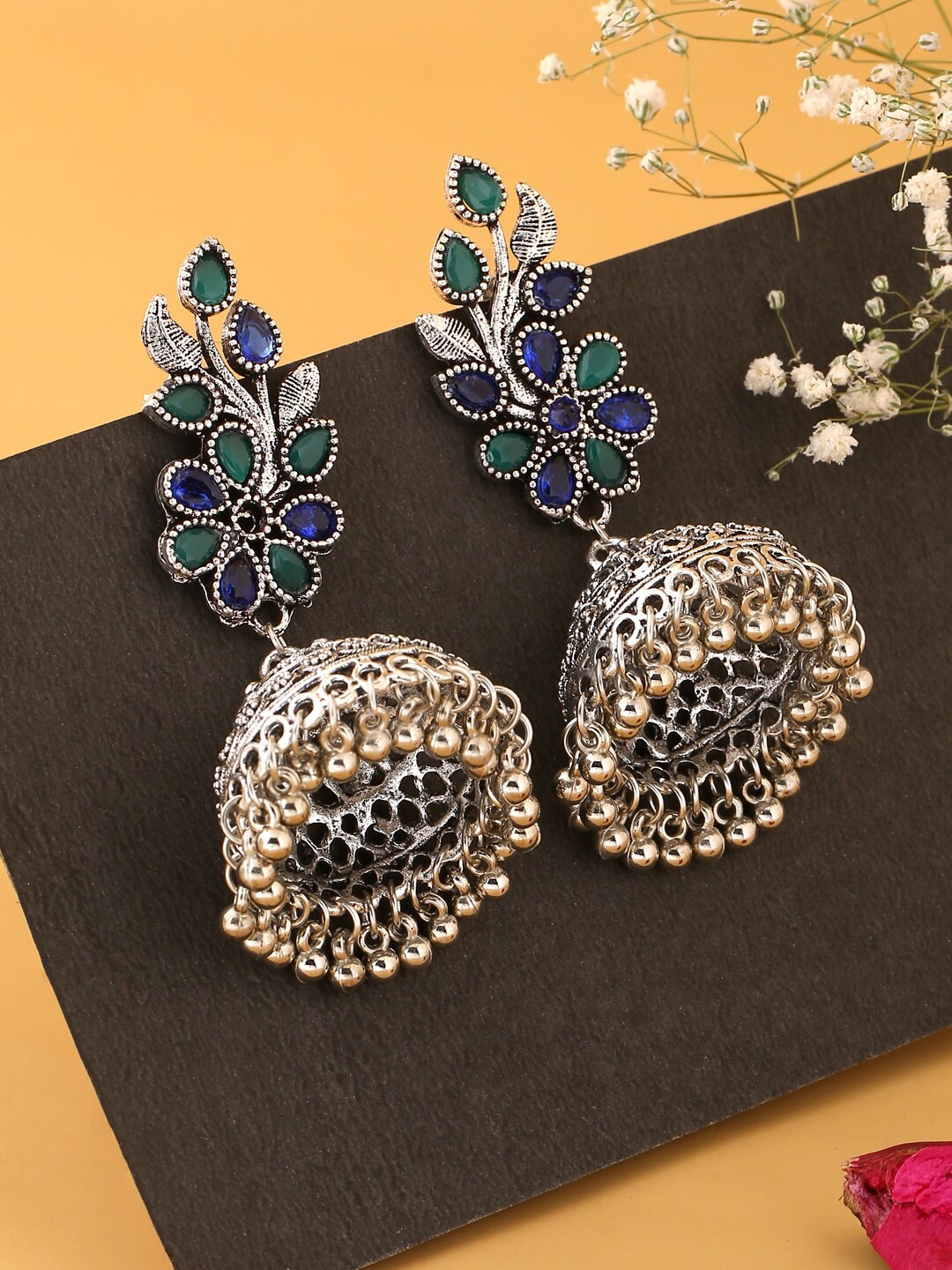 

kashwini Green & Navy Blue Dome Shaped Jhumkas Earrings