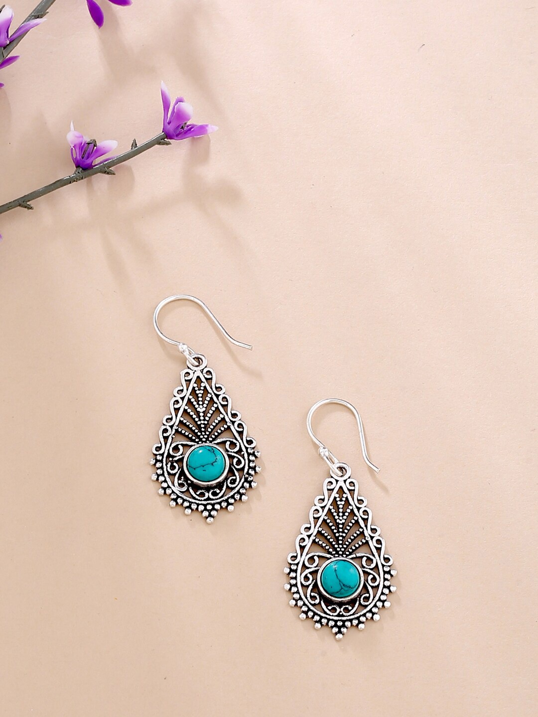 

kashwini Turquoise Blue Silver-Plated Stone-Studded Drop Earrings