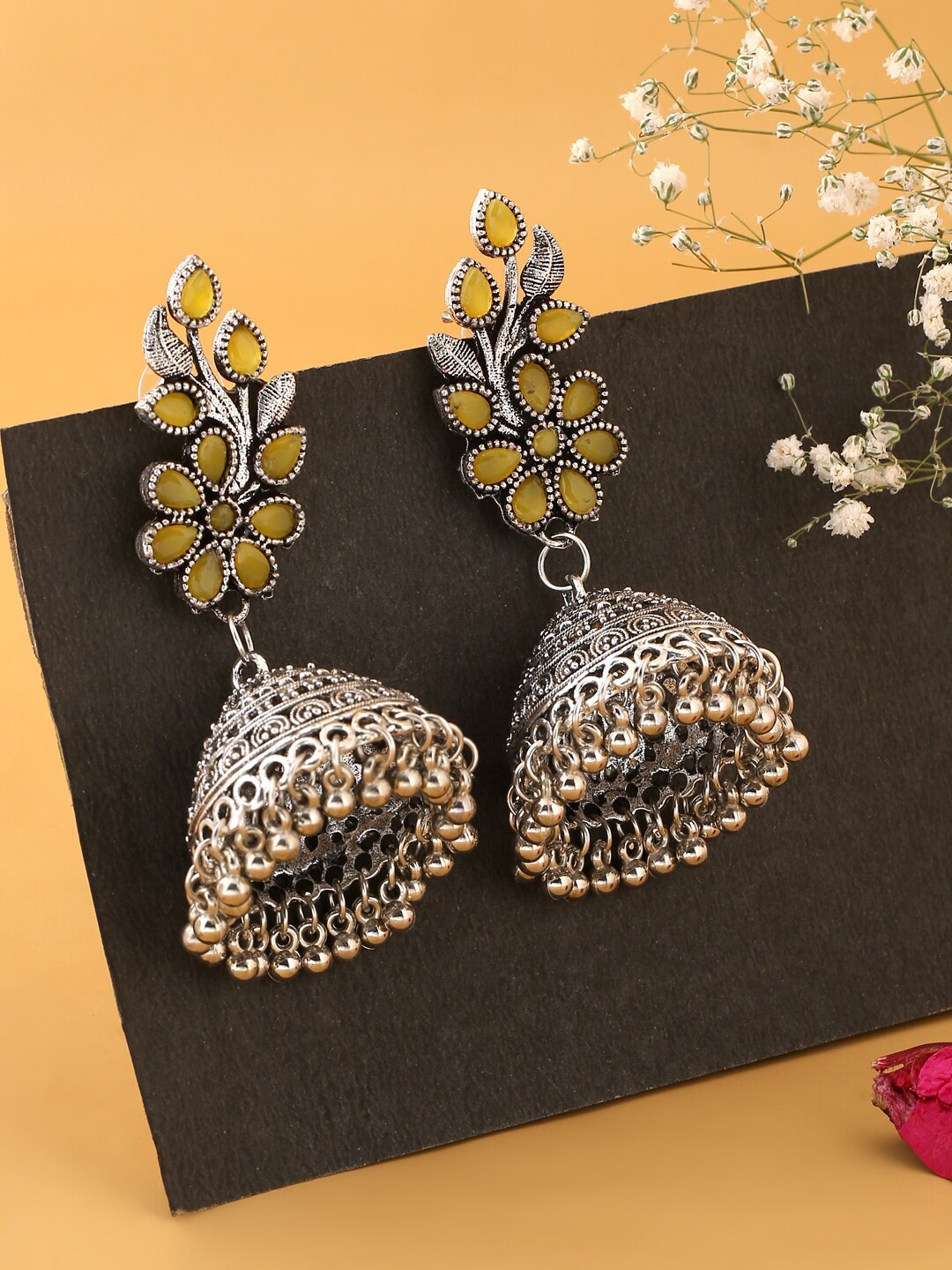 

kashwini Silver-Toned & Olive Green Contemporary Silver-Plated Jhumkas Earrings