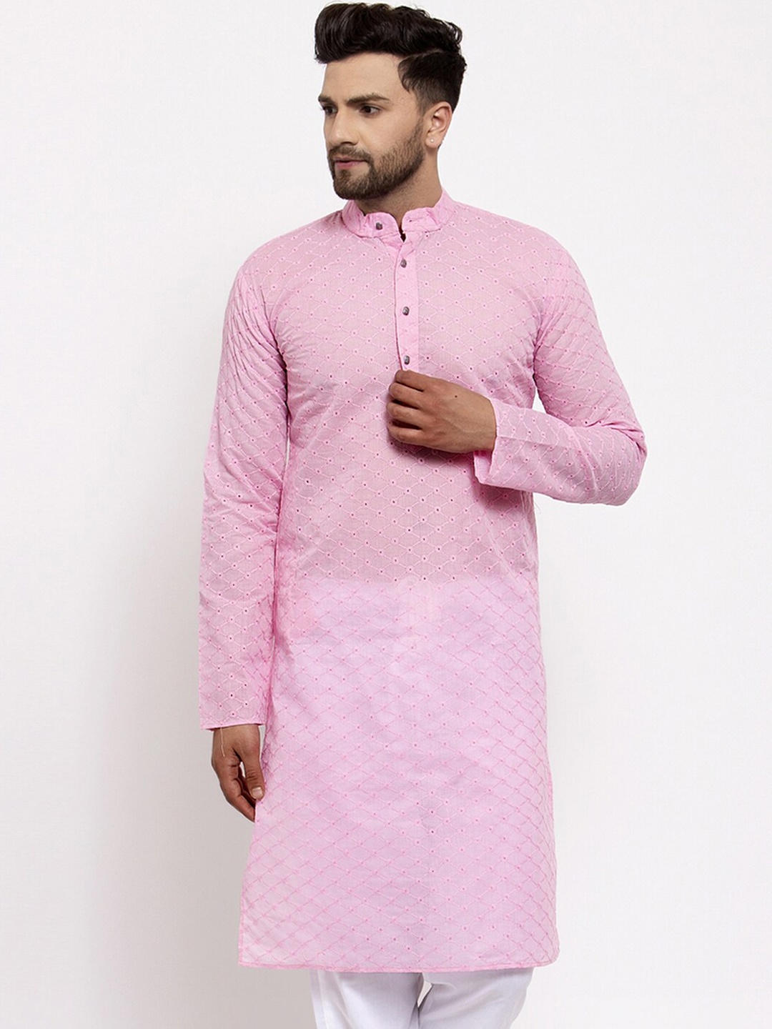 

Jompers Men Pink Thread Work Embroidered Kurta