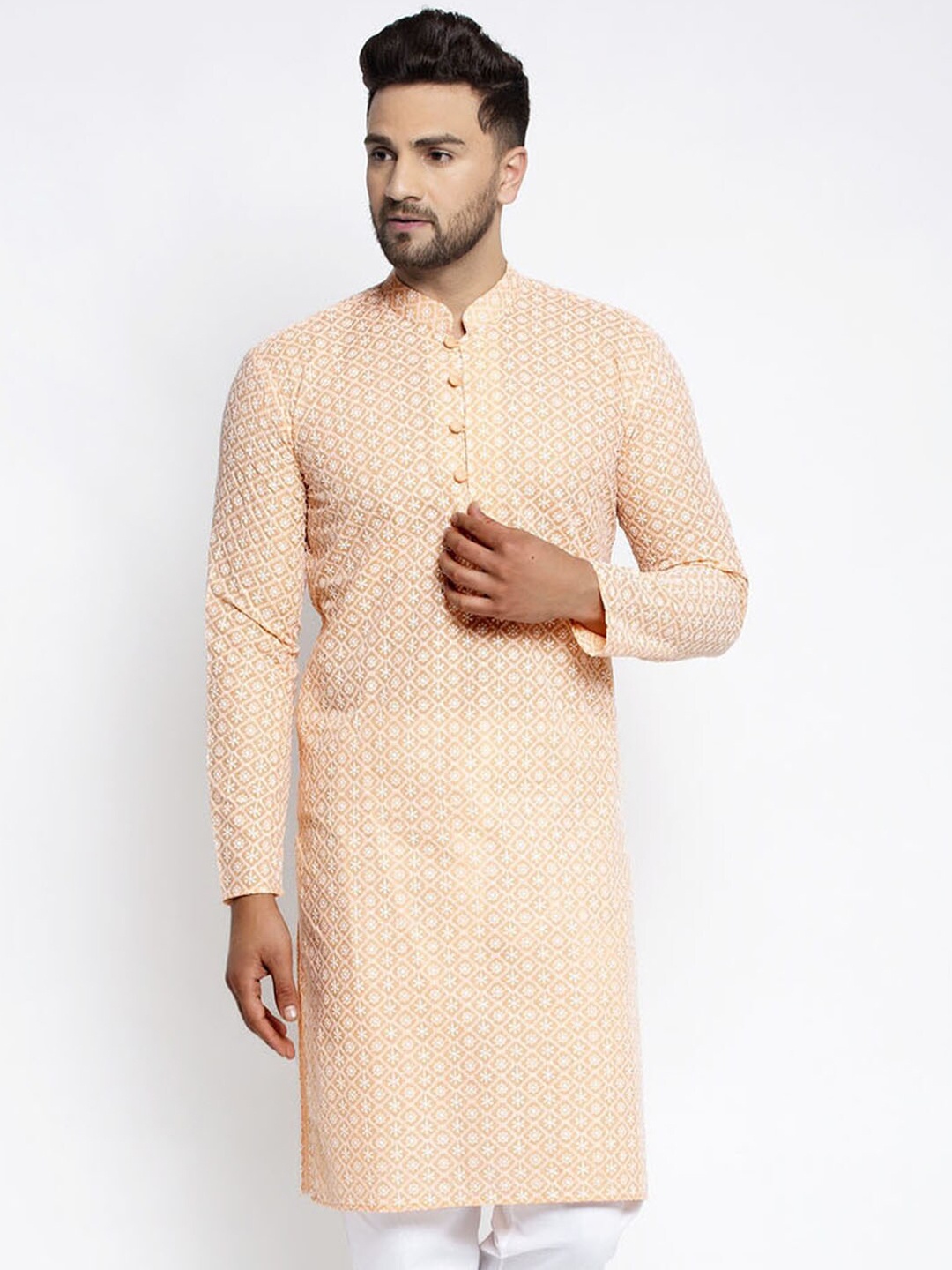 

Jompers Men Orange & White Embroidered Cotton Kurta